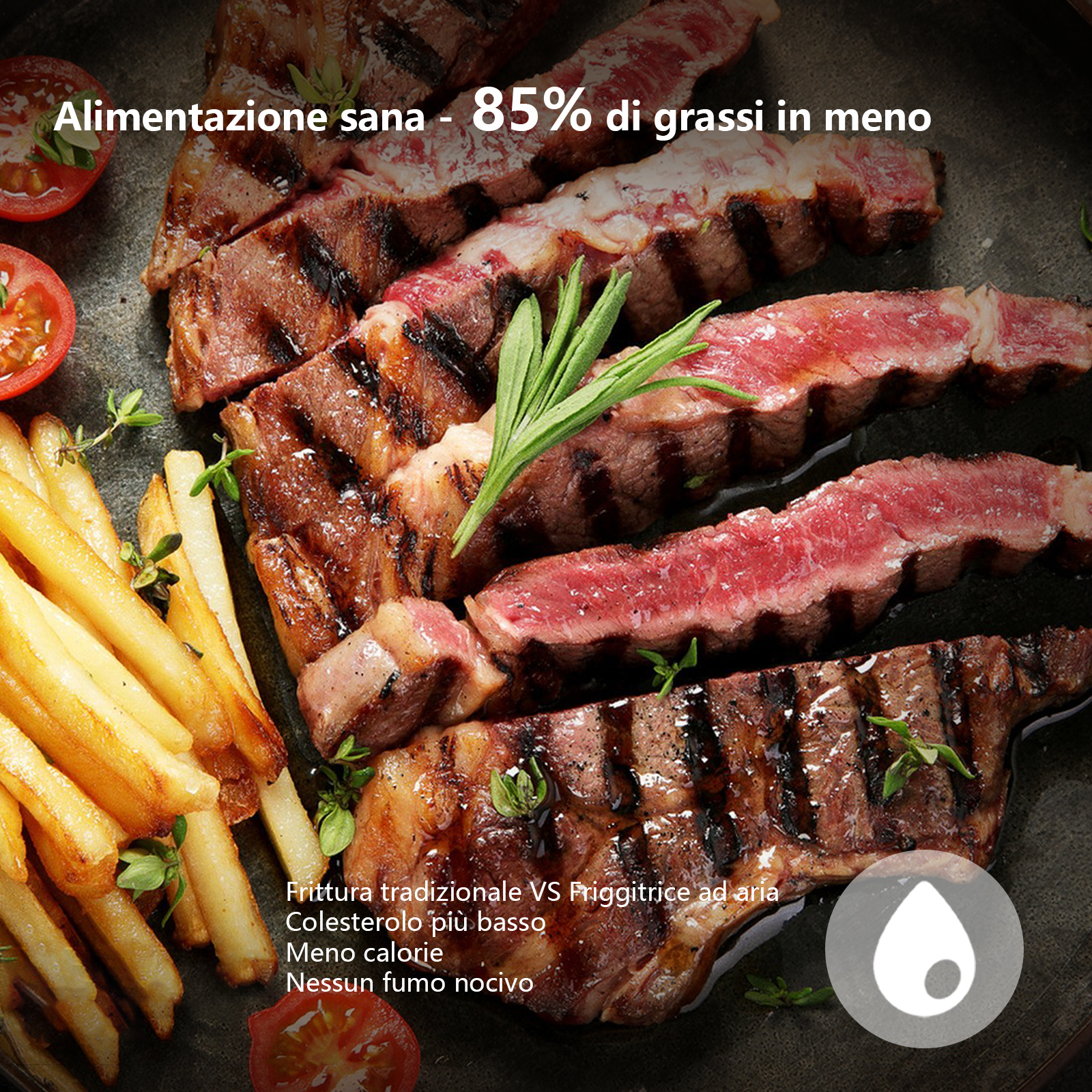 Bistecca grigliata con patatine e pomodori, alimentazione sana.