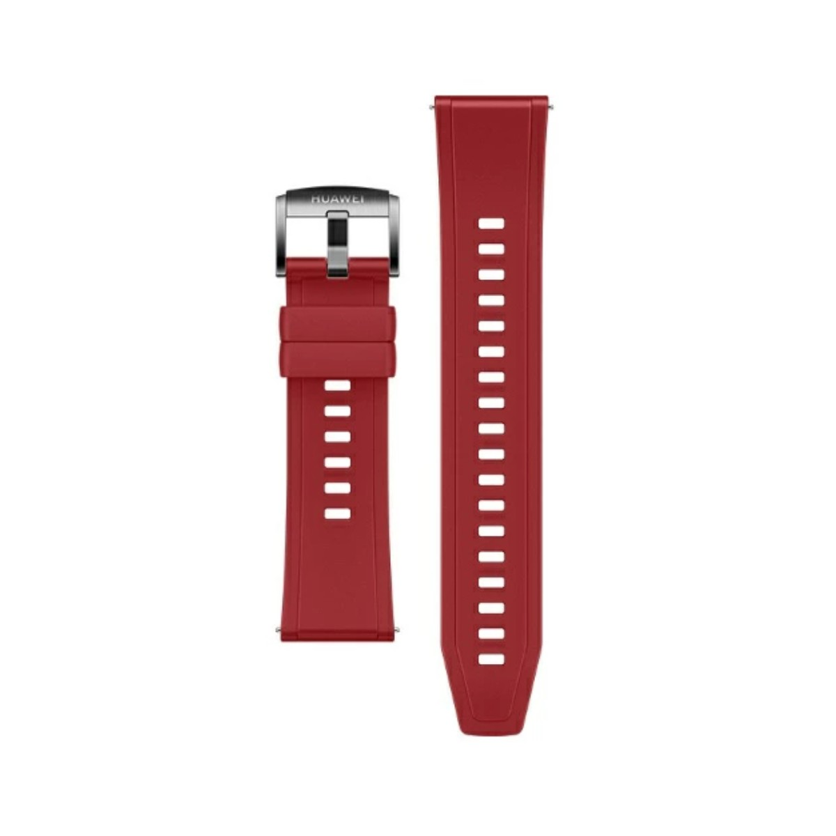 Un cinturino per orologio Huawei rosso con fibbia argentata, su sfondo bianco.