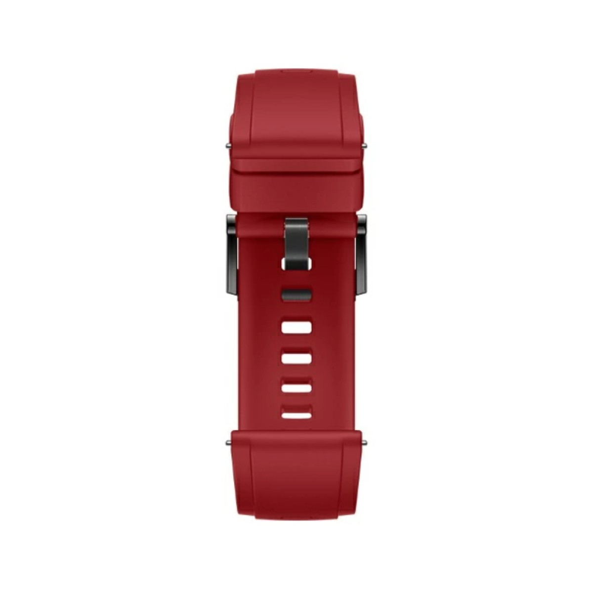 Un cinturino rosso per orologio con fibbia nera e fori regolabili su sfondo bianco.
