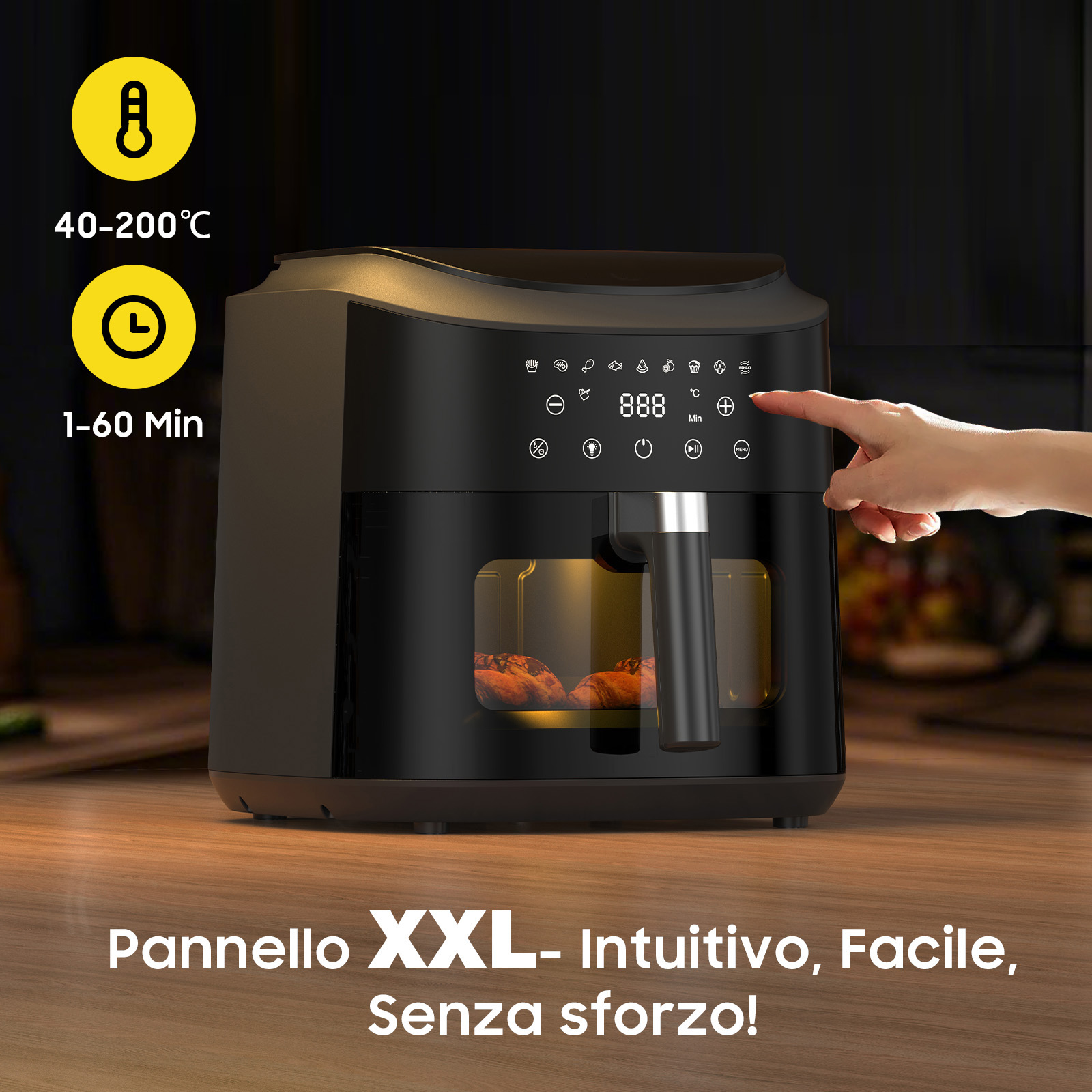 Friggitrice ad aria nera con display digitale, temp. 40-200°C, timer 1-60 min.