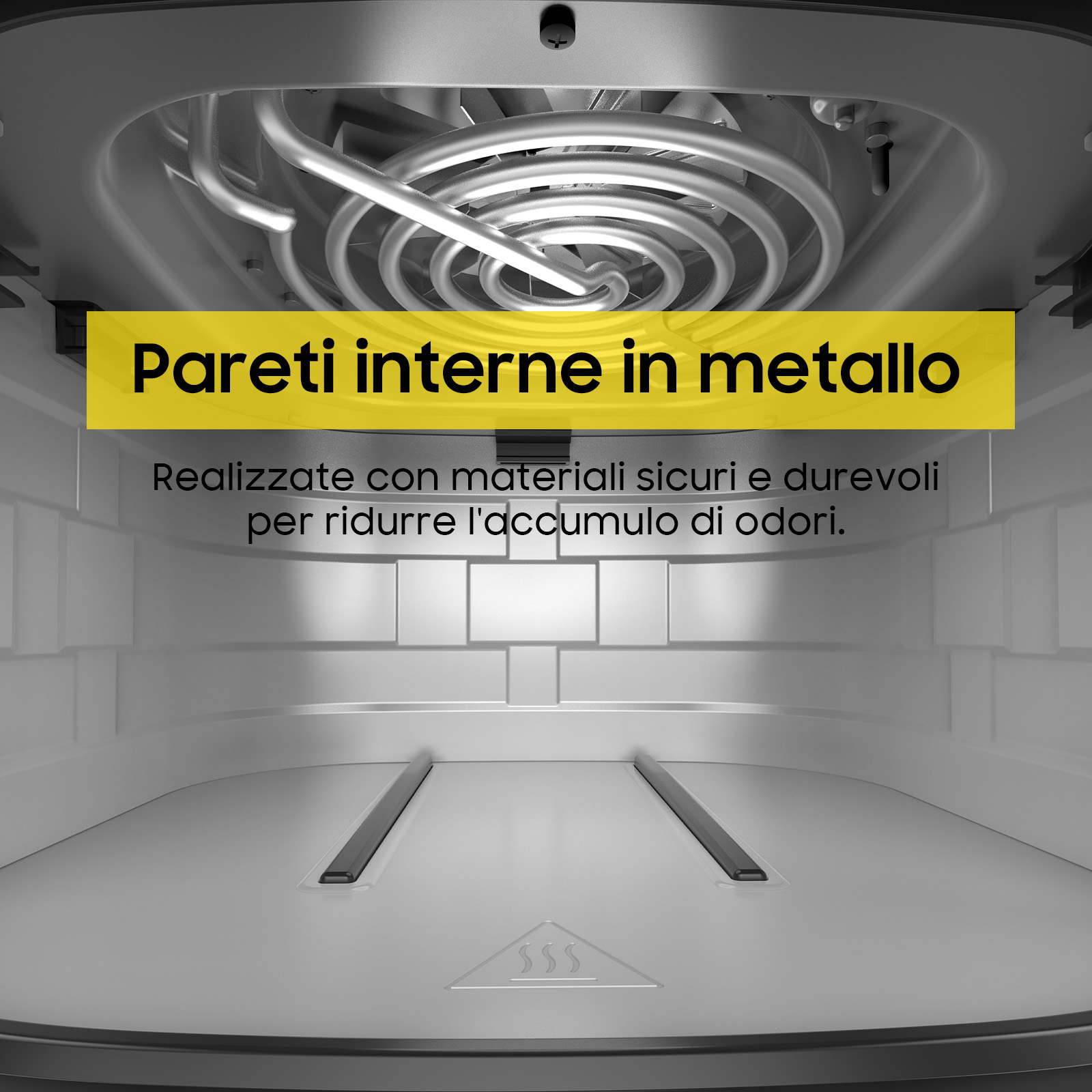 Pareti interne in metallo con spirale di riscaldamento e ventola.