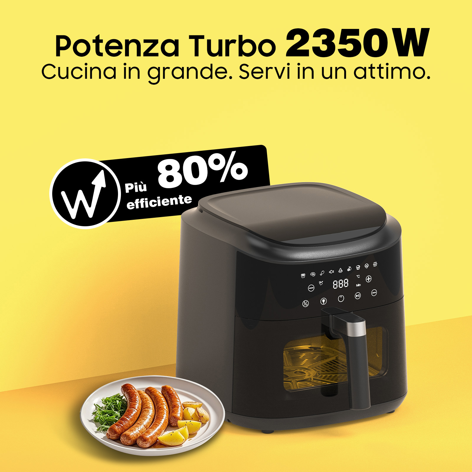 Una friggitrice ad aria nera accanto a un piatto di salsicce e patate.
