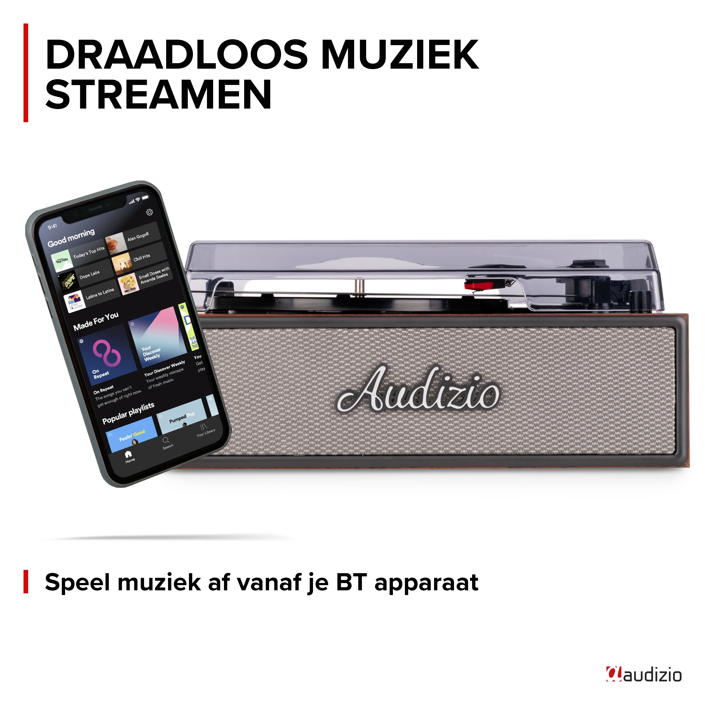 Un smartphone affiche une application de musique à côté d'une platine vinyle avec le logo Audizio.