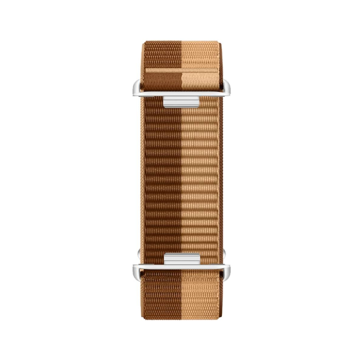 Cinturino per orologio in nylon marrone bicolore con fibbie argentate.