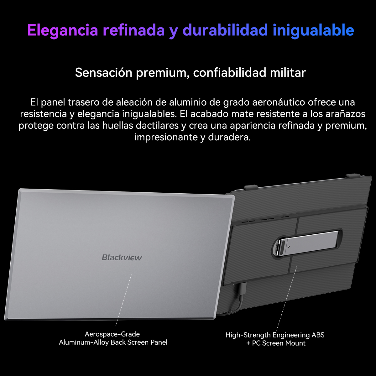 Una tableta gris con logo plateado Blackview y funda negra.