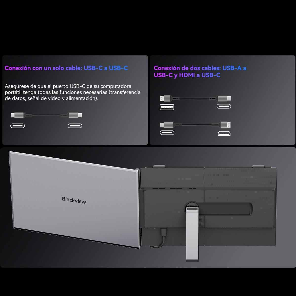 Un monitor Blackview plateado con dos opciones de conexión: USB-C y USB-A/HDMI.
