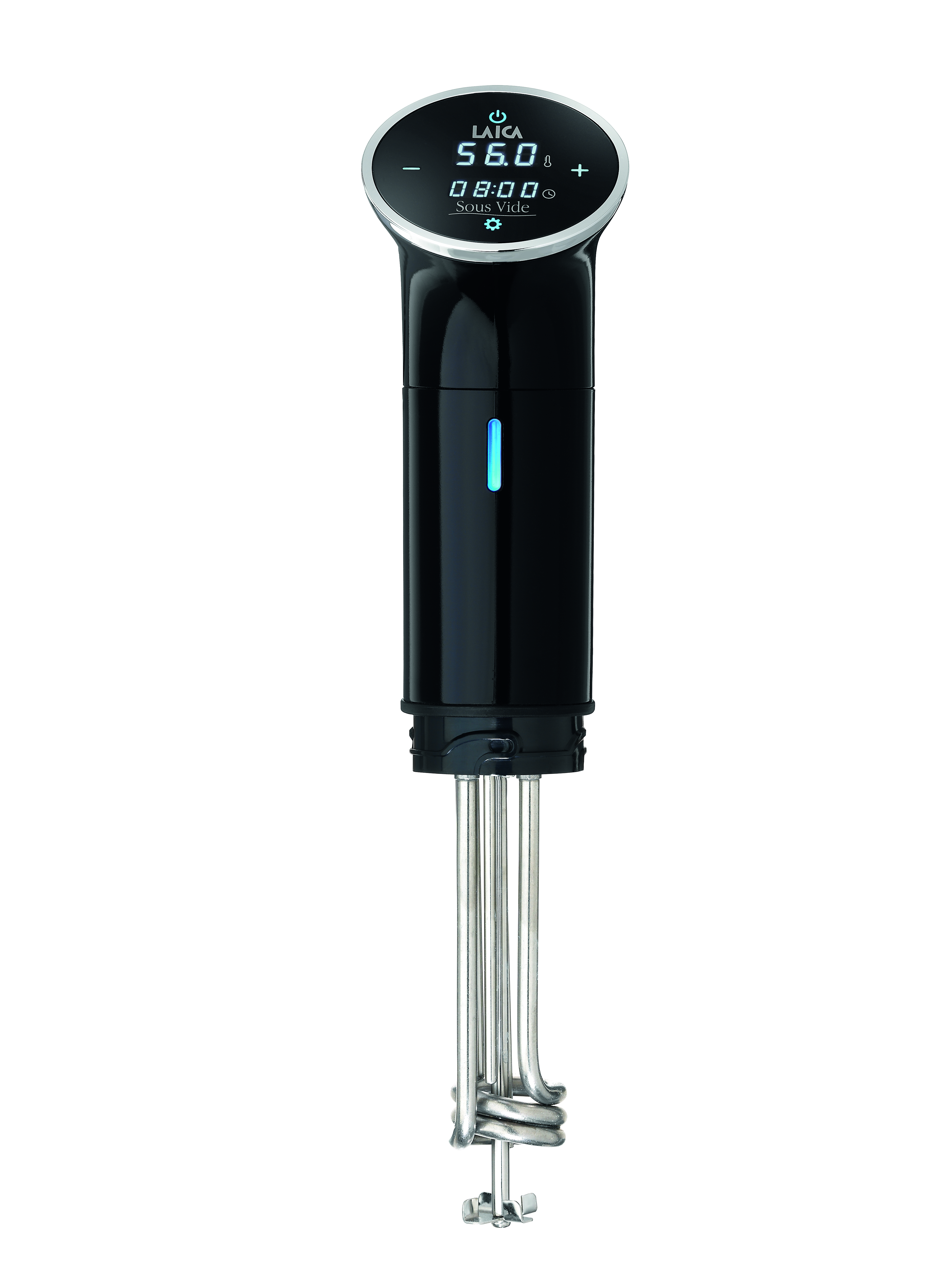 Un circulador de inmersión sous vide negro con pantalla digital y elementos calefactores plateados.