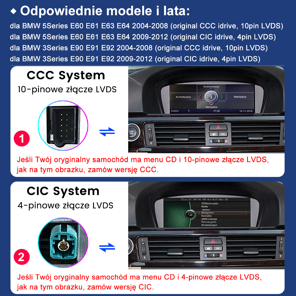Systemy BMW CCC i CIC ze złączami LVDS. Obraz 1: CCC 10-pinowy, Obraz 2: CIC 4-pinowy.