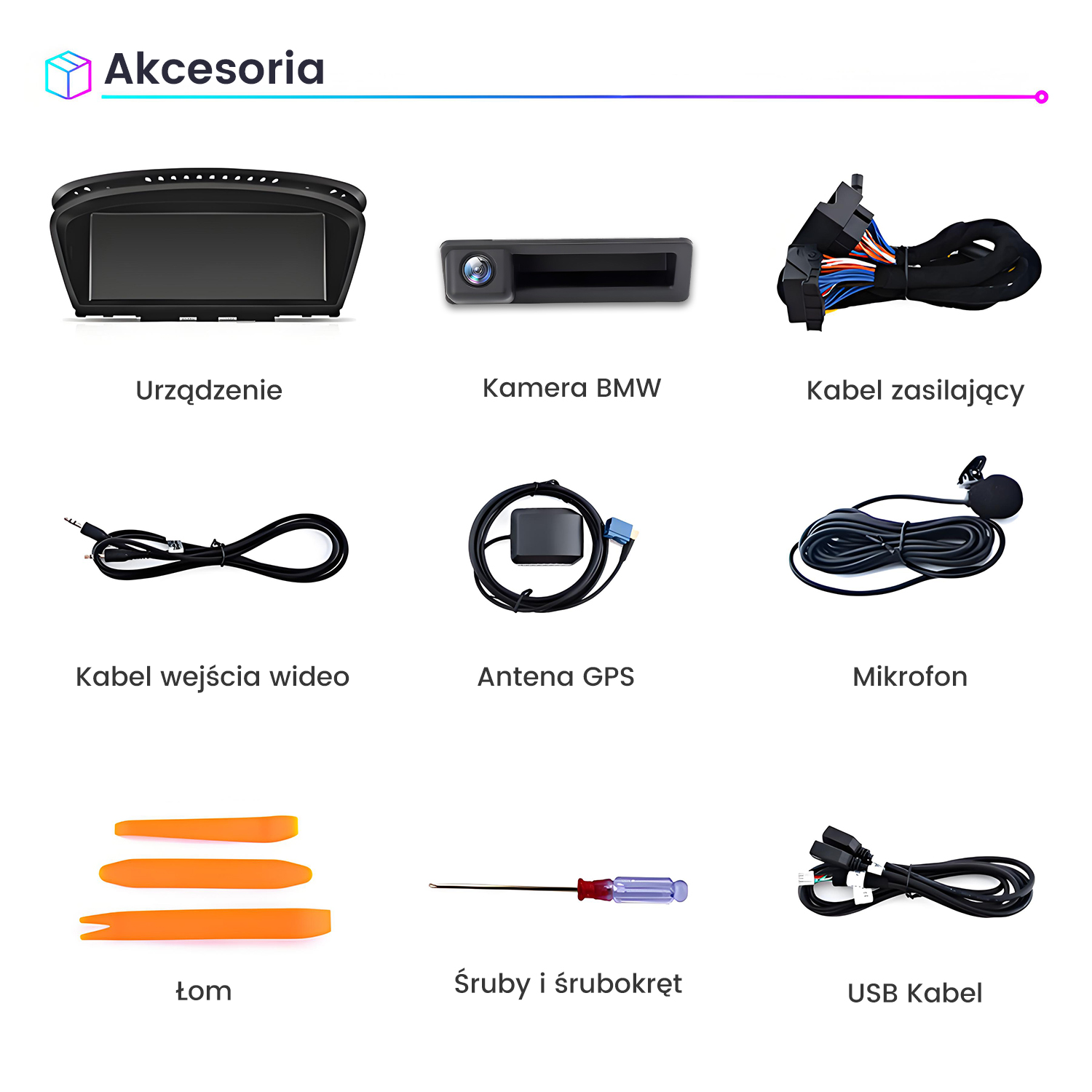 Urządzenie, kamera BMW, kabel zasilający, kabel wejścia wideo, antena GPS, mikrofon, łom, śruby i śrubokręt, kabel USB.