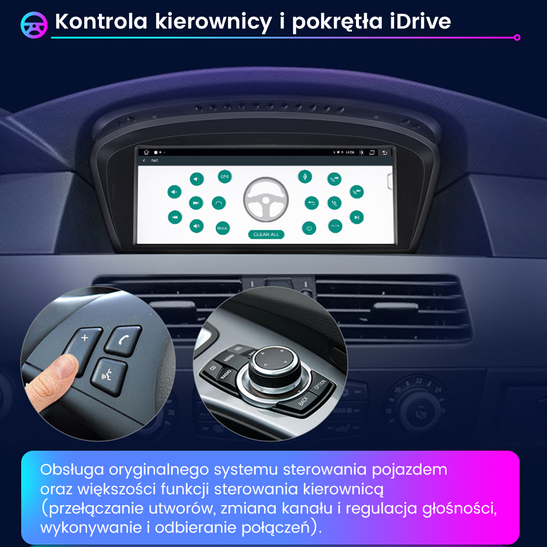 Wnętrze samochodu z ekranem nawigacji pokazującym sterowanie kierownicą i iDrive.