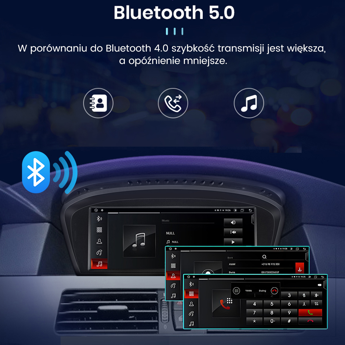 Infografika Bluetooth 5.0 z ikonami muzyki, telefonu i połączenia bezprzewodowego.