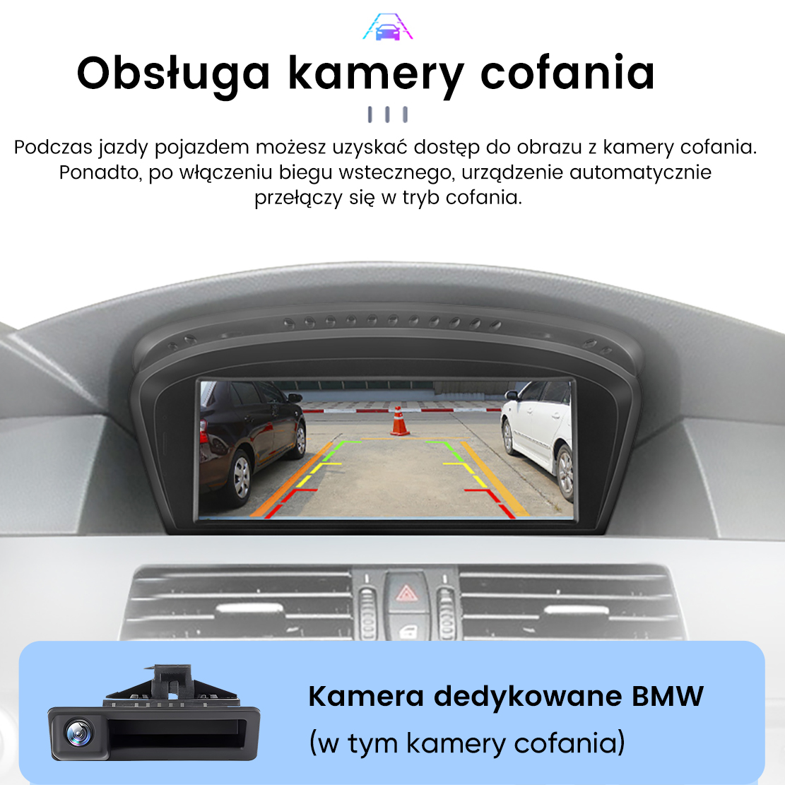 Wyświetlacz samochodowy pokazuje widok z kamery cofania dwóch aut i linii parkowania.