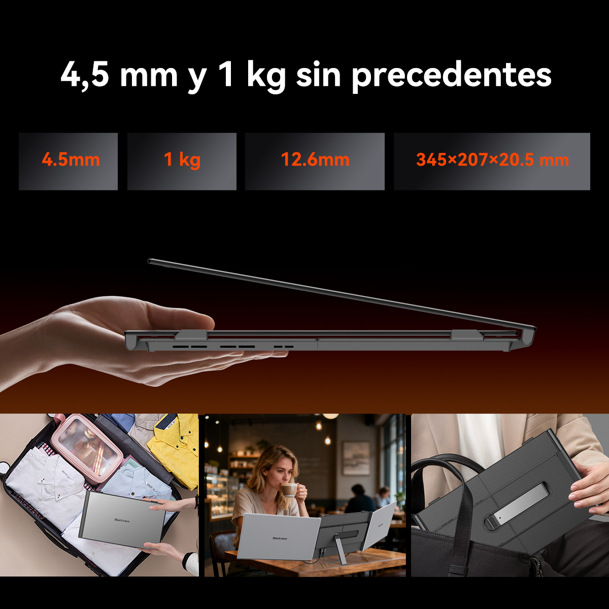 Portátil delgado: 4.5mm, 1kg. Viaje, café, bolso.