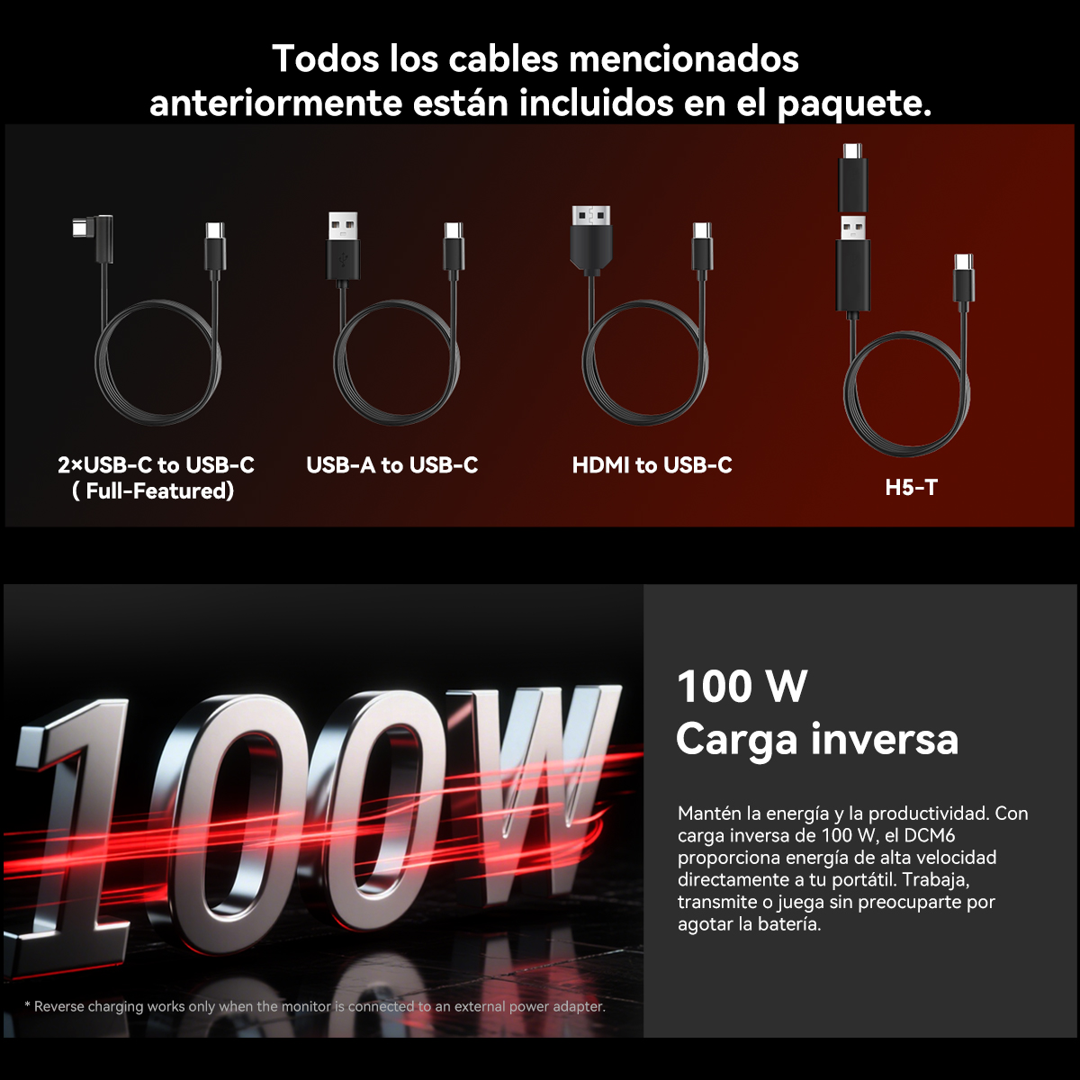 Se muestran varios tipos de cable: USB-C a USB-C, USB-A a USB-C, HDMI a USB-C y H5-T.