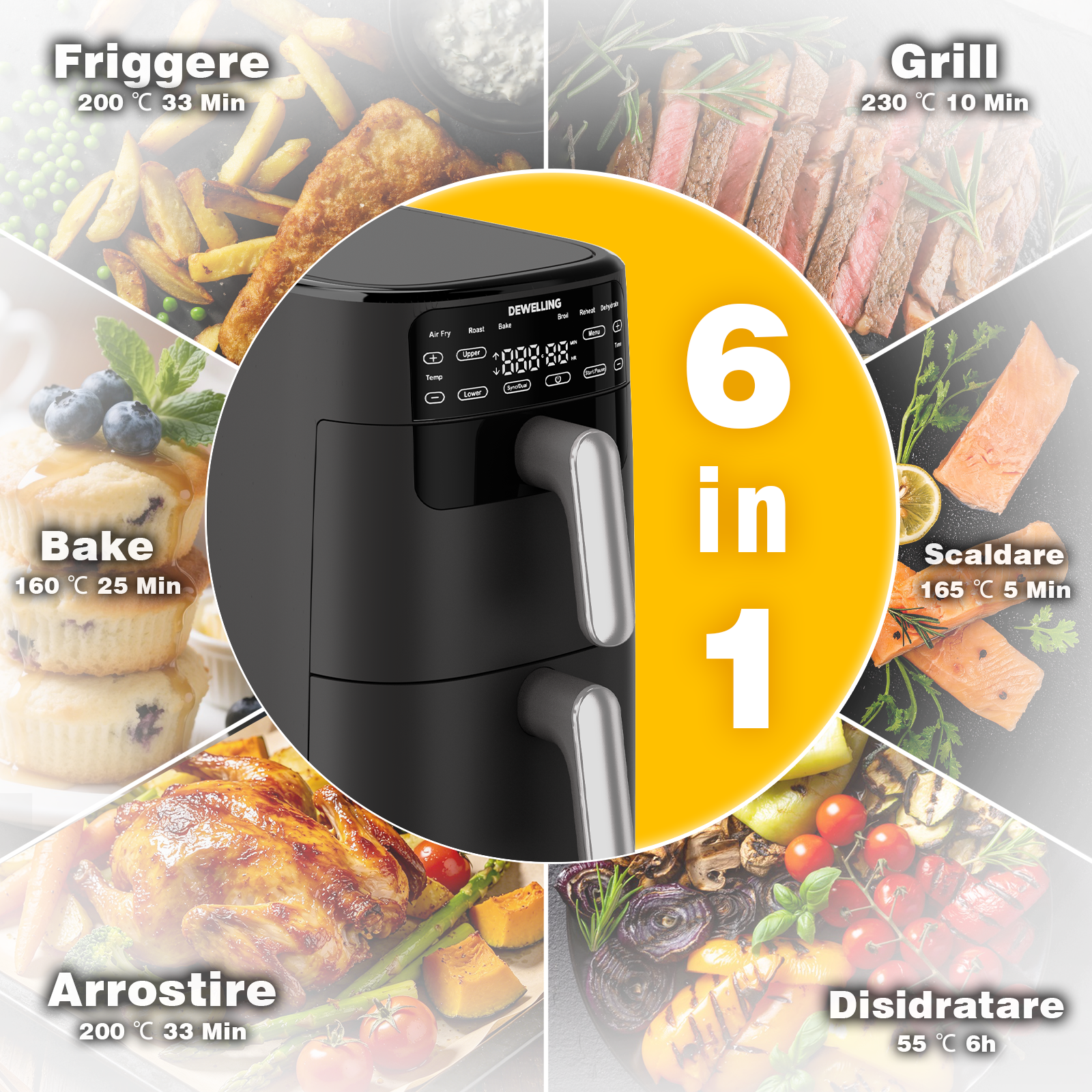 Una friggitrice ad aria nera con 6 funzioni: Friggere, Cuocere, Grigliare, Arrostire, Scaldare, Disidratare.