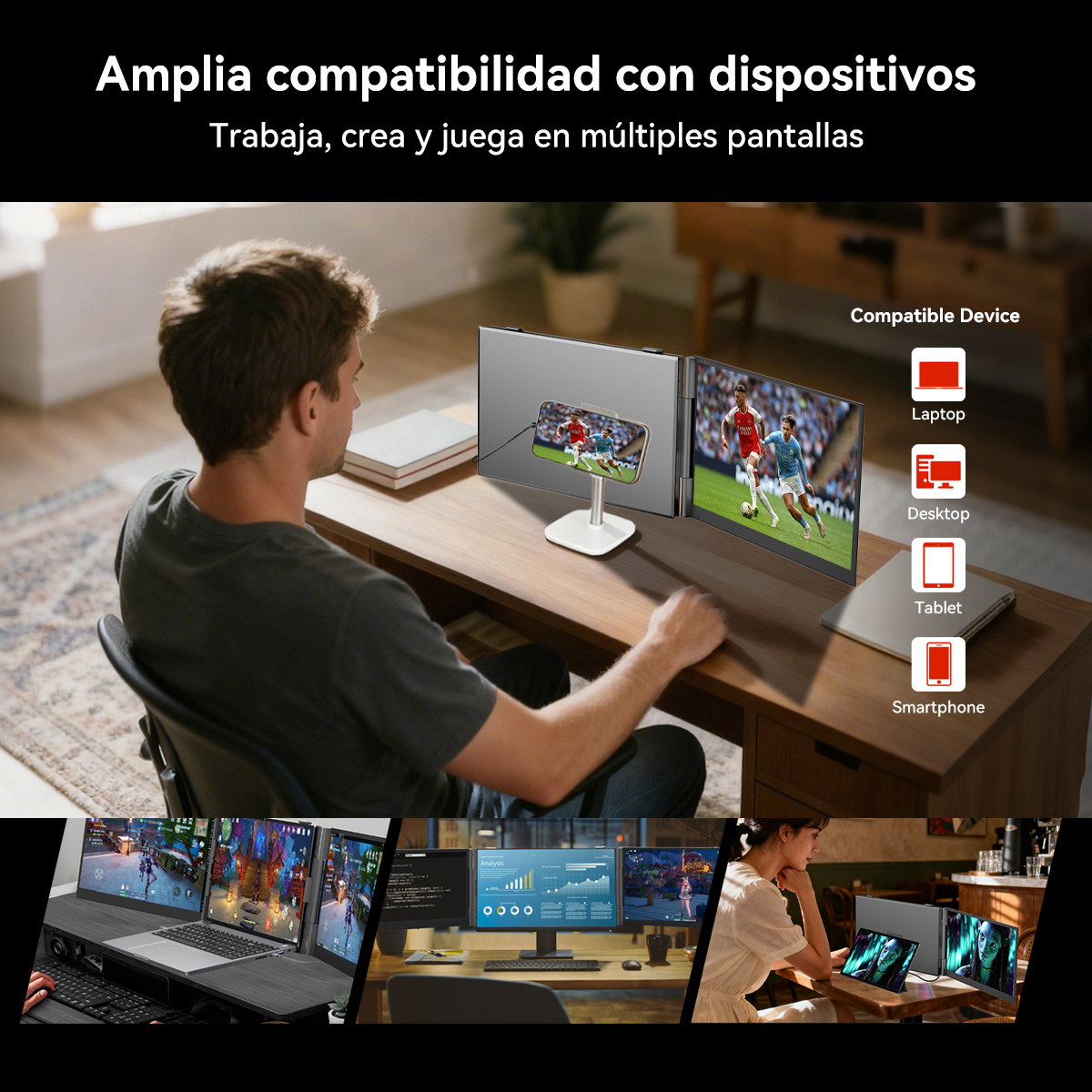 Hombre en escritorio con múltiples pantallas mostrando juegos y gráficos.