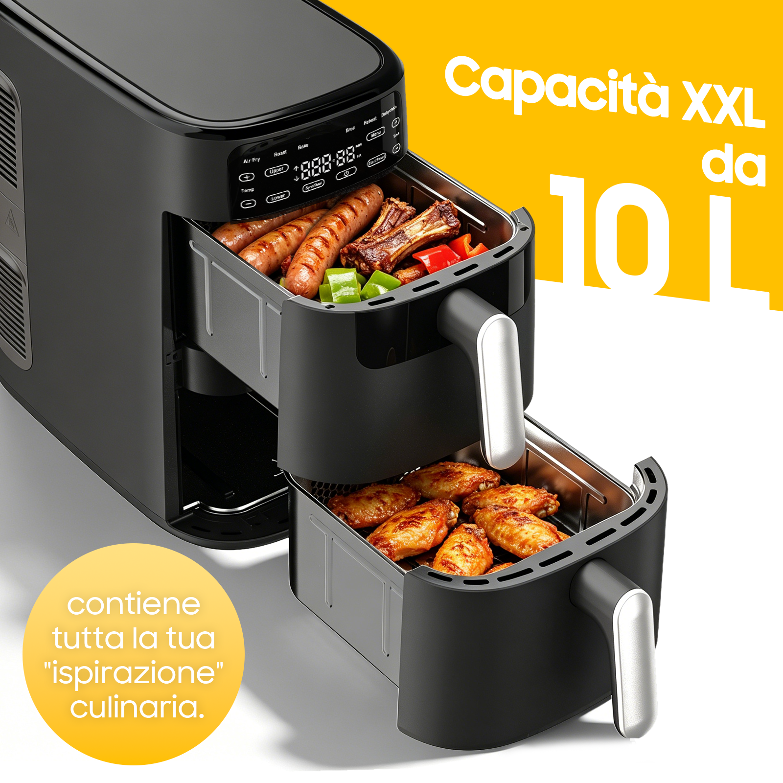 Friggitrice ad aria nera a doppio cassetto con salsicce, costolette e ali di pollo.