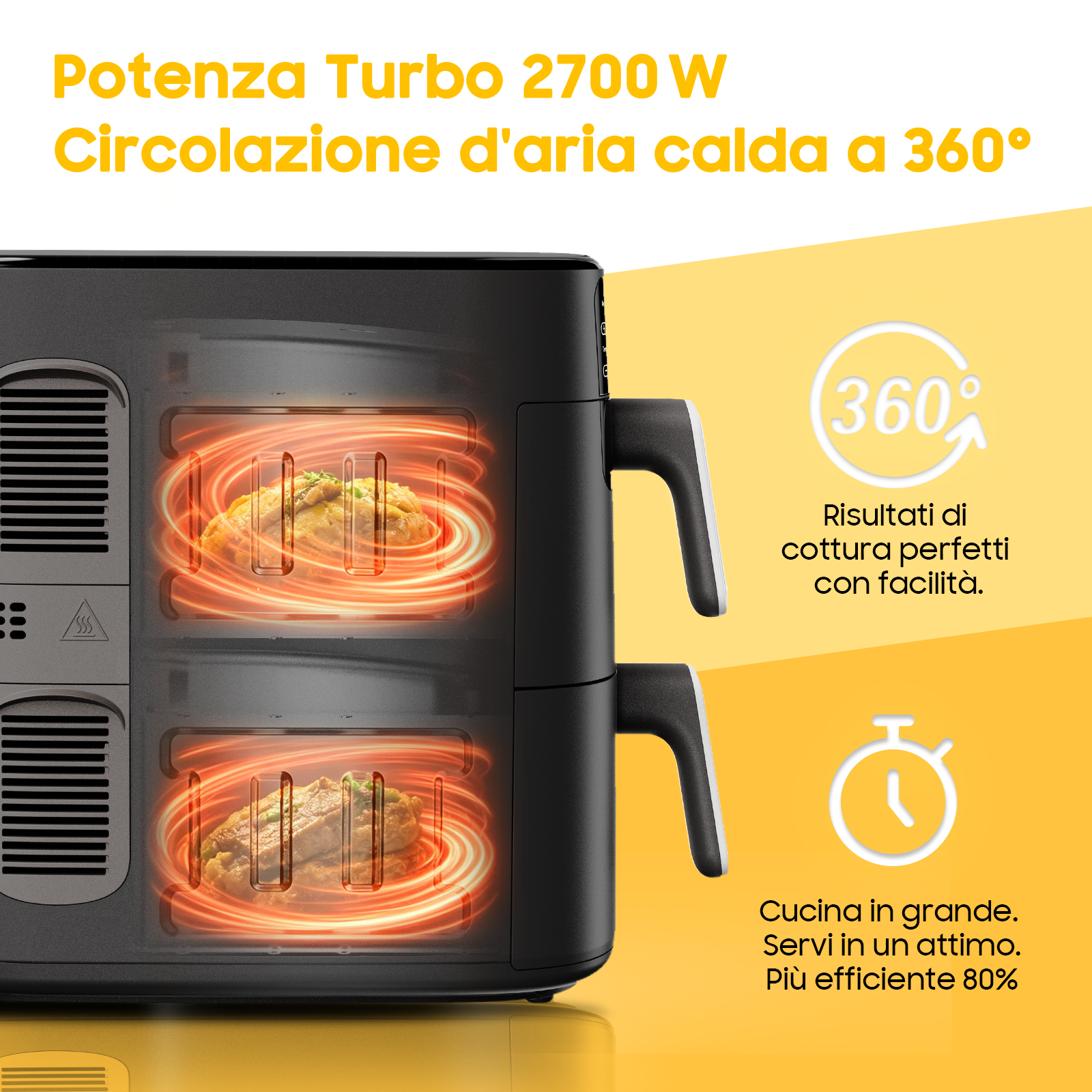 Una friggitrice ad aria nera a doppio cassetto che cuoce cibo con aria calda rossa.