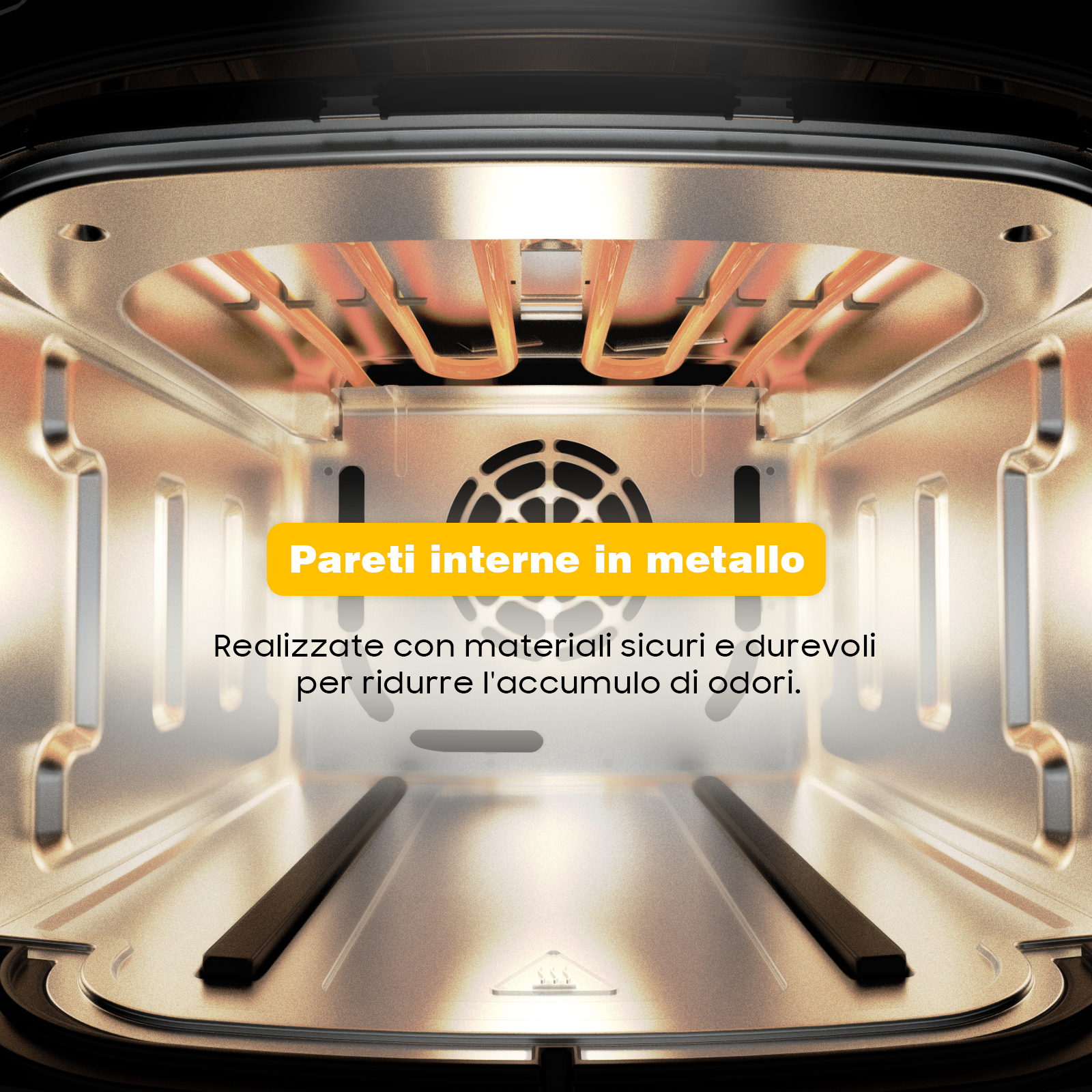 Interno di un forno con pareti metalliche, resistenze e ventola.