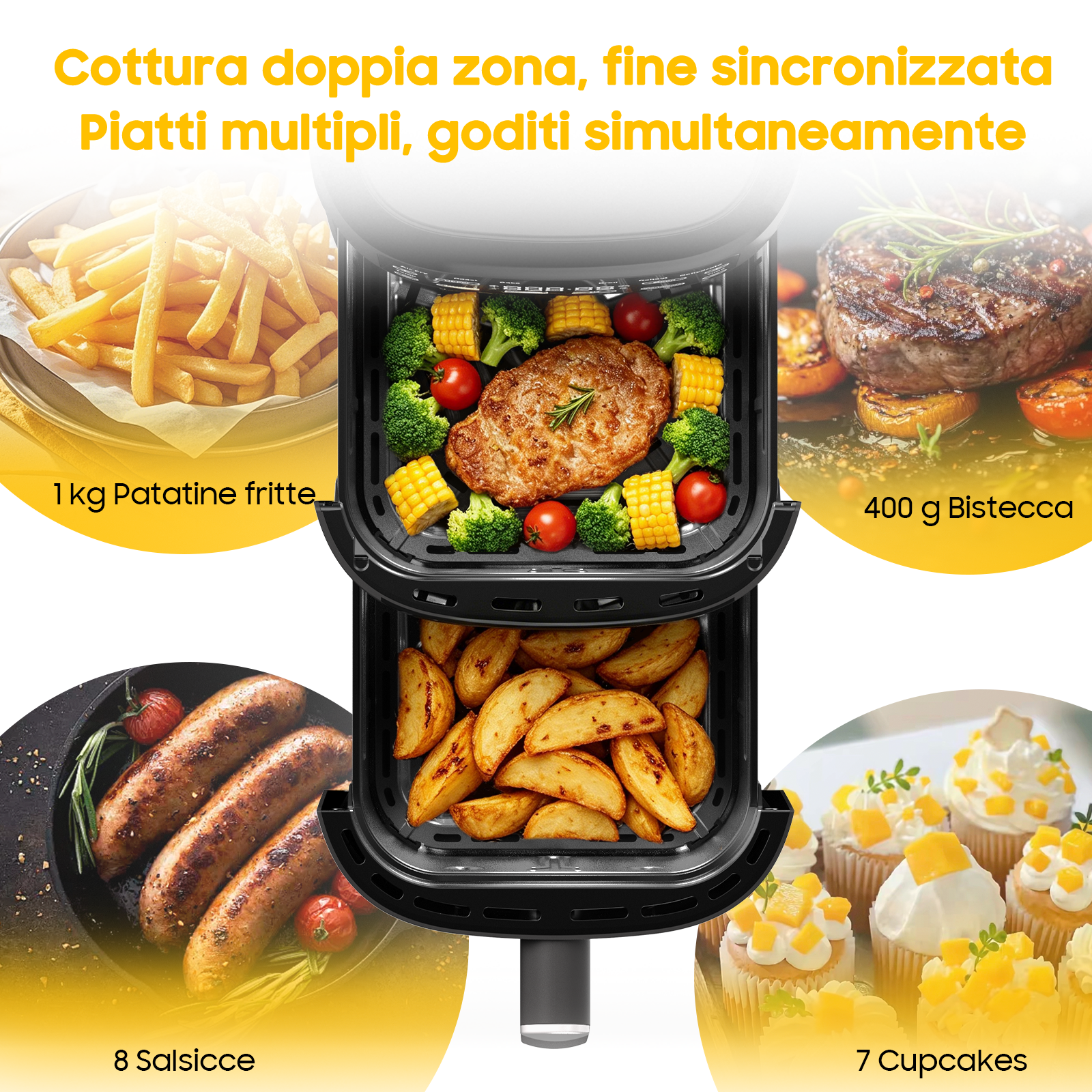 Una friggitrice ad aria mostra patatine, bistecca, salsicce, spicchi di patate e cupcake.