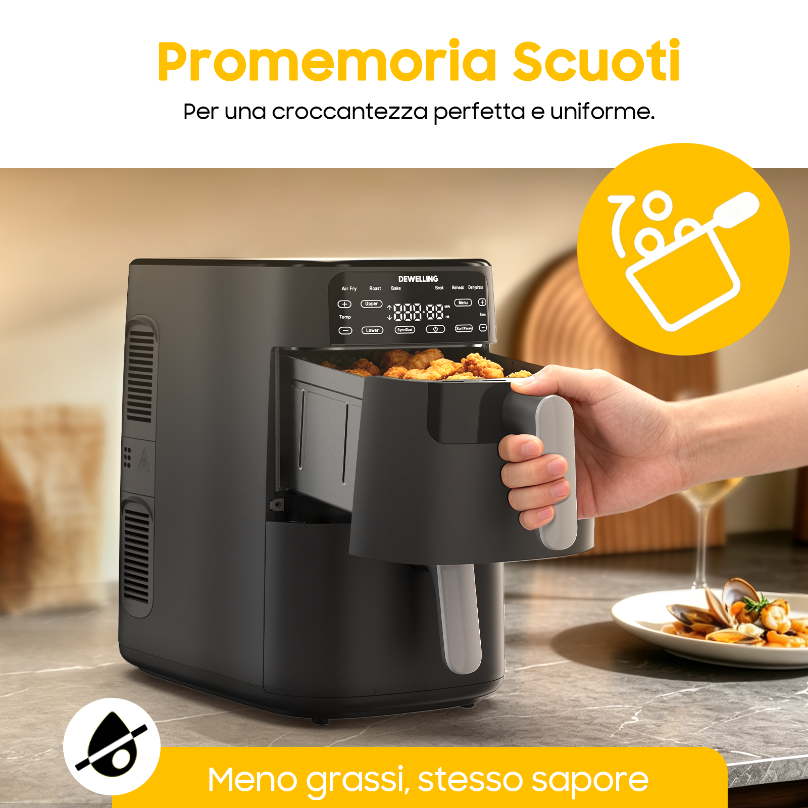Cestello nero per friggitrice ad aria con cibo fritto estratto. Cerchio giallo con icona di cottura.