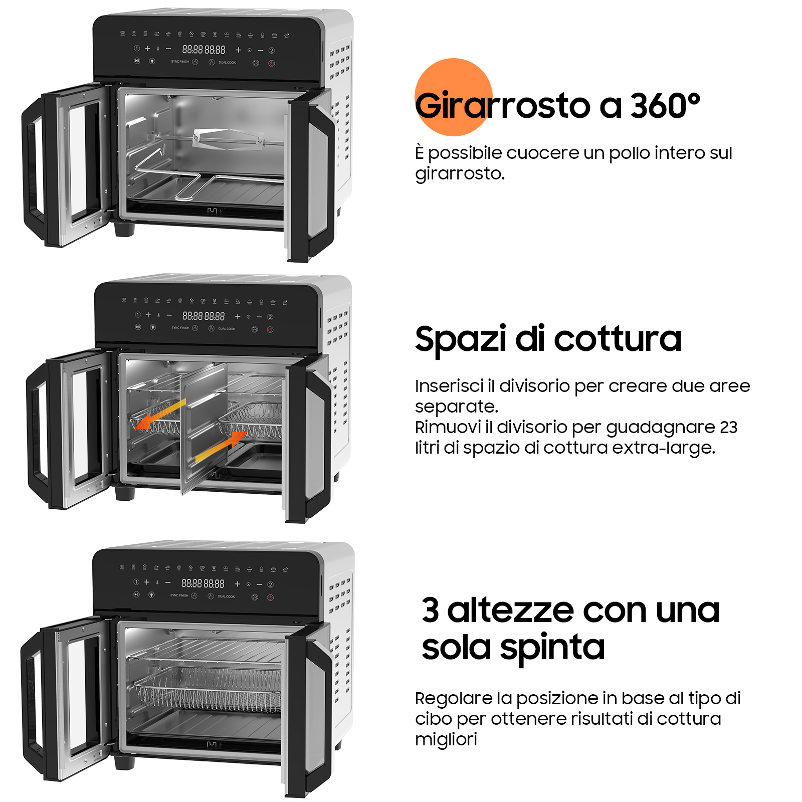 Un forno moderno mostrato in tre viste, evidenziando le sue funzioni.