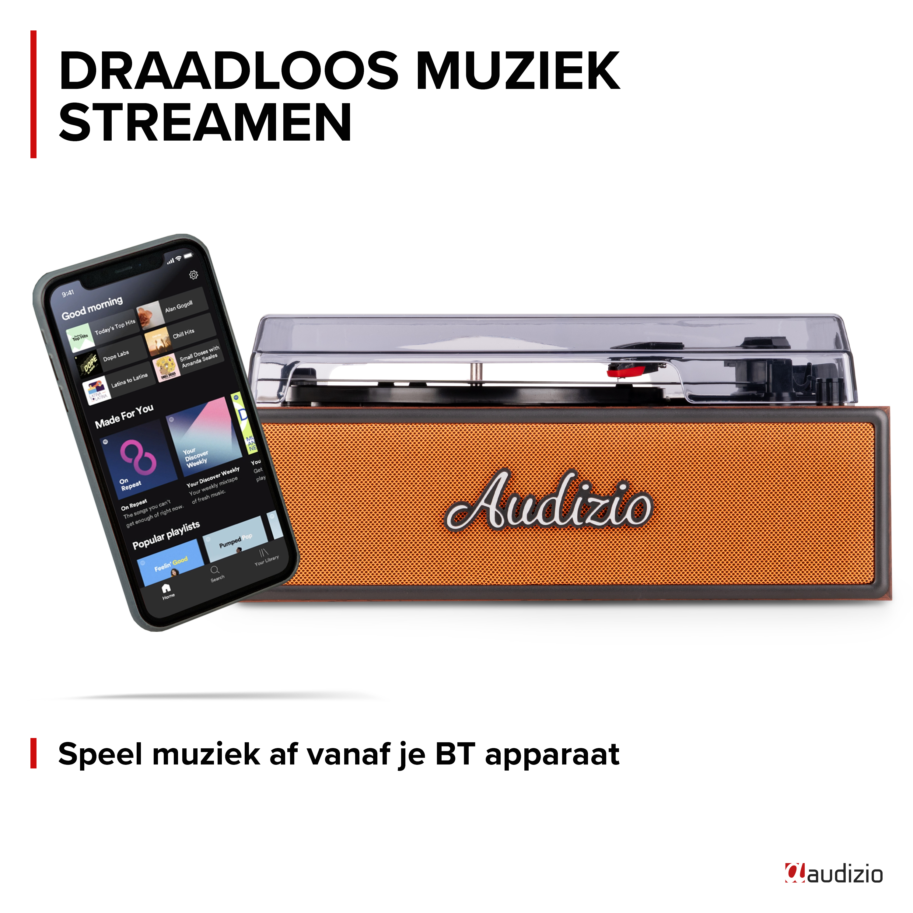 Un smartphone muestra aplicaciones de música junto a una radio tocadiscos.