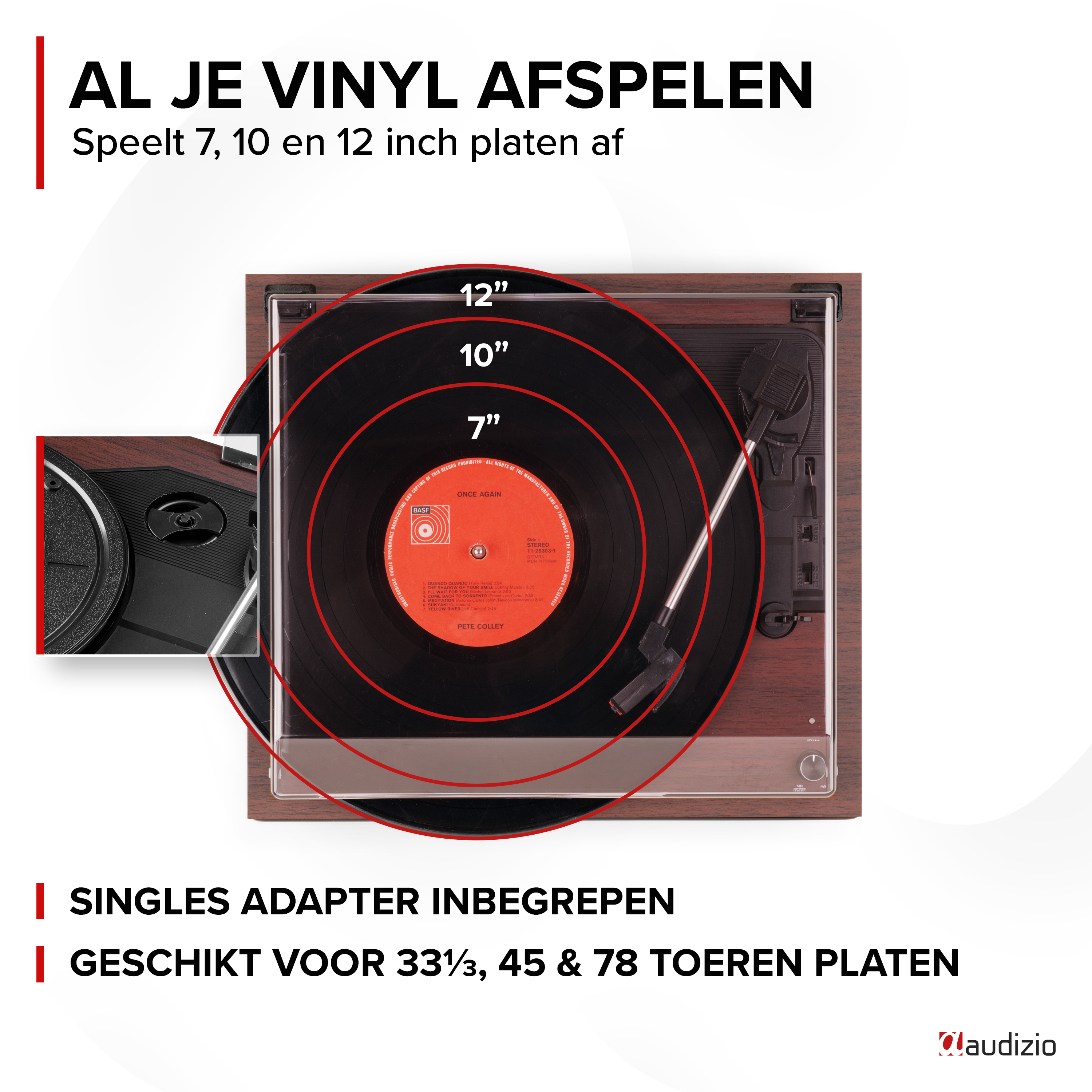 Tocadiscos reproduce discos de 7, 10, 12 pulgadas. Adaptador singles, 33/45/78 RPM.