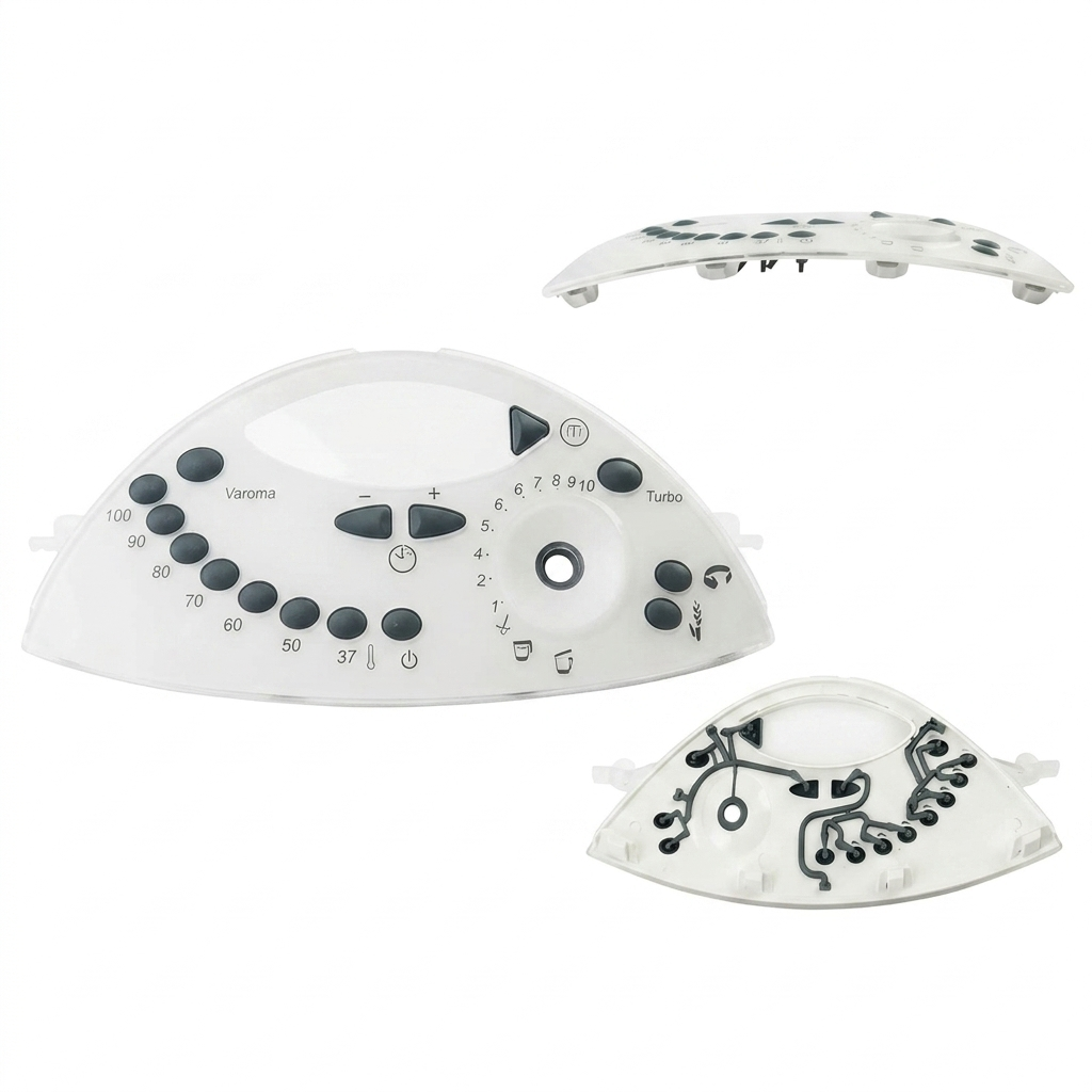 Un panel de control blanco con botones y números para una máquina de cocina.