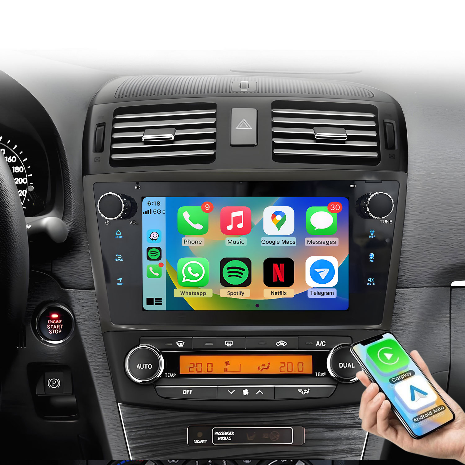 Deska rozdzielcza samochodu z ekranem CarPlay, podłączeniem telefonu i nawiewami.