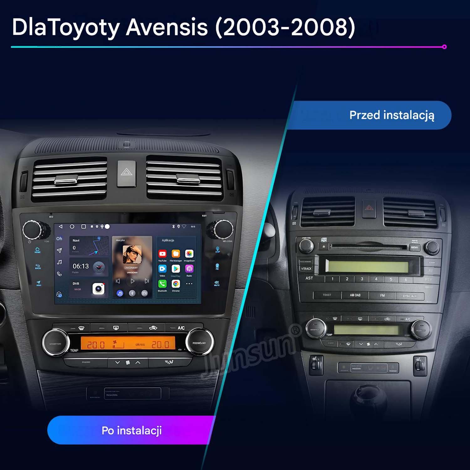 Porównanie dwóch systemów radiowych do Toyota Avensis: przed i po instalacji.