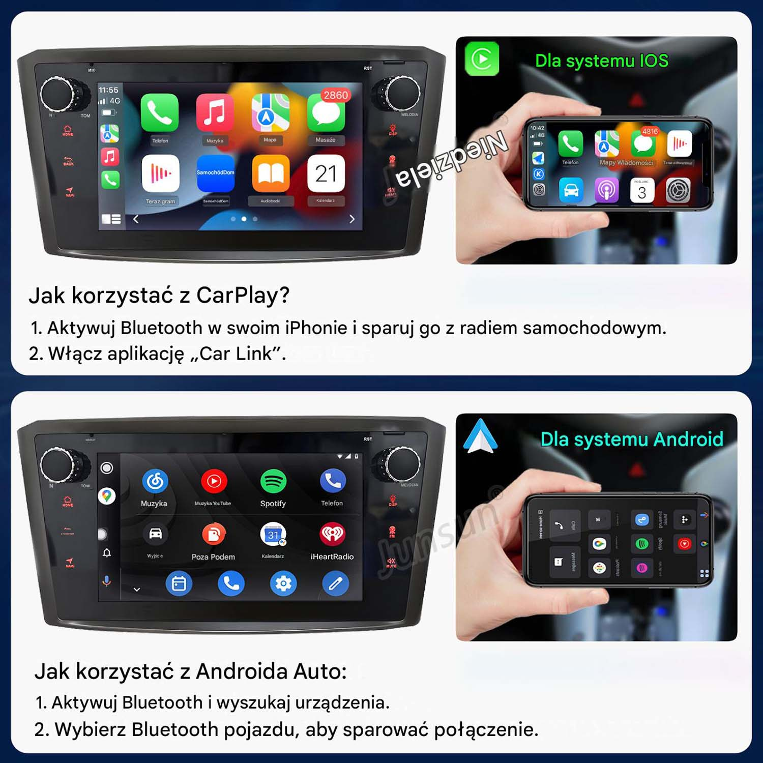System infotainment samochodu wyświetla CarPlay i Android Auto na ekranie.