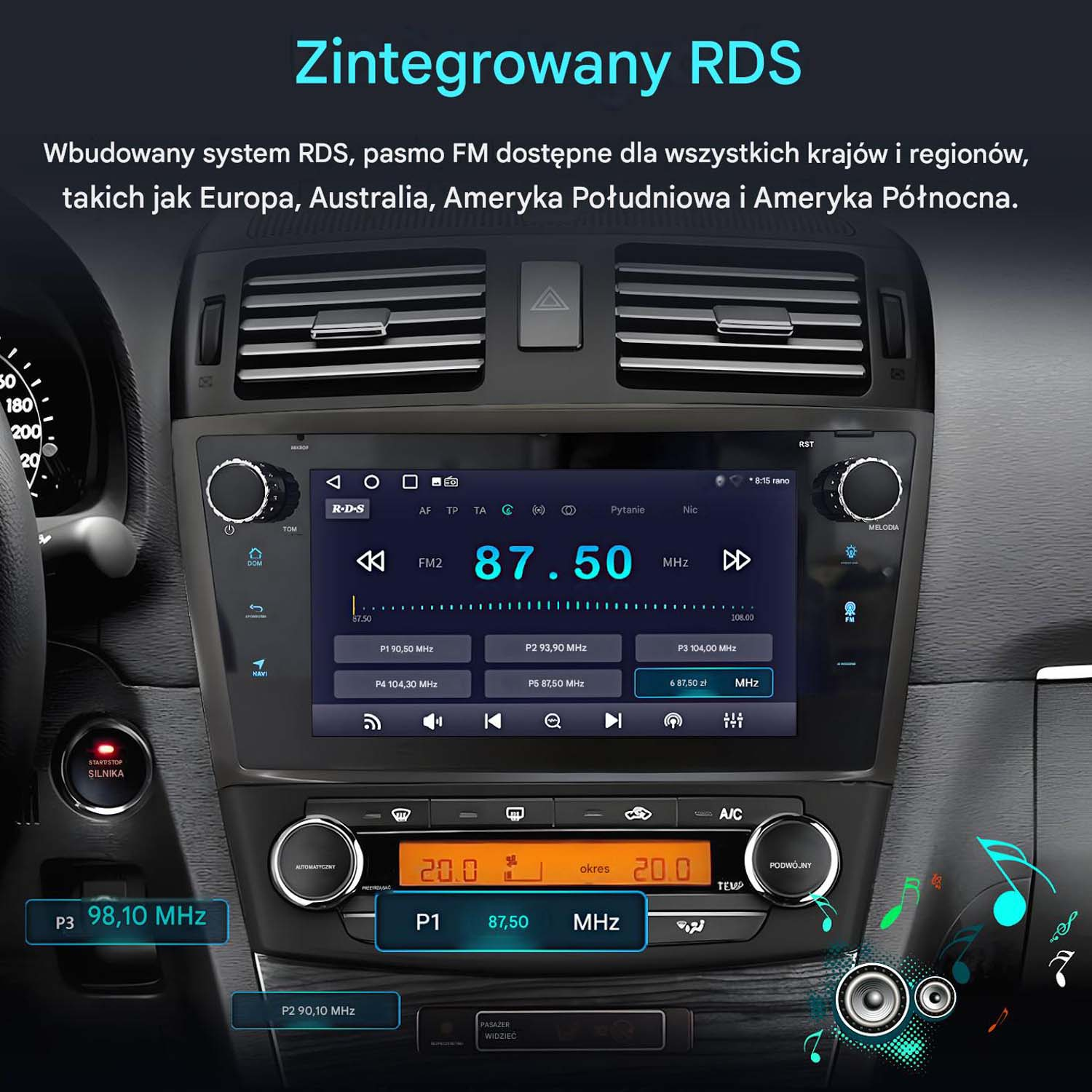 Radio samochodowe z RDS wyświetlające stacje FM. Posiada również przyciski i cyfrowy wyświetlacz.