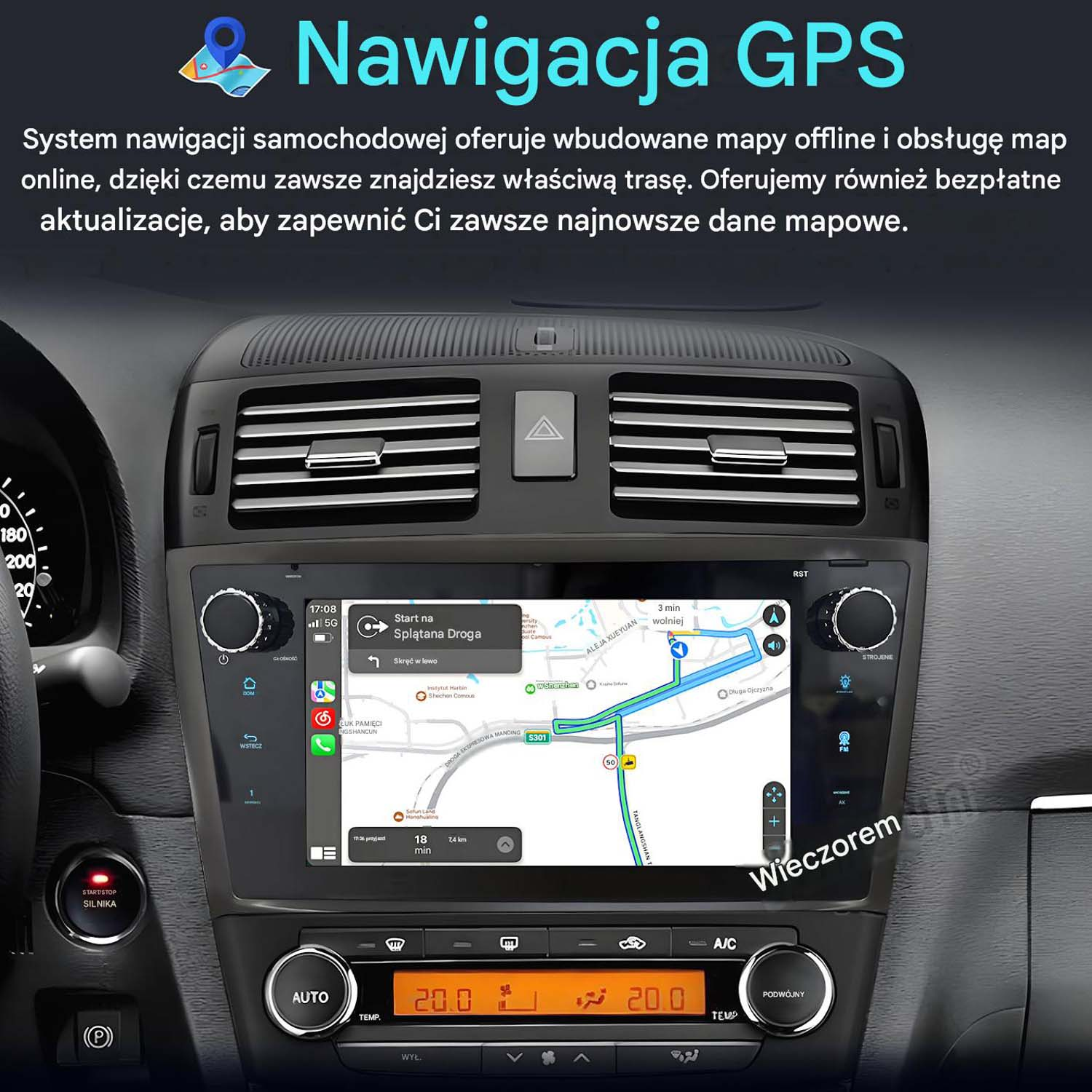 Deska rozdzielcza samochodu z ekranem nawigacji GPS pokazującym trasę.