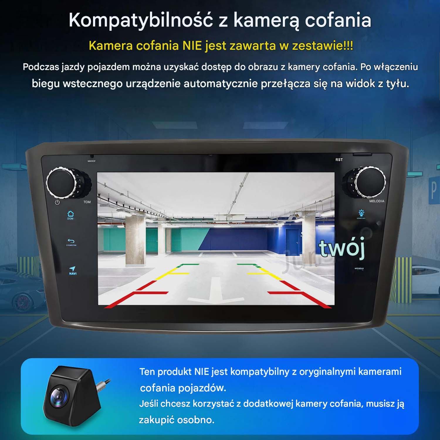 Radio samochodowe wyświetla widok z kamery cofania. Mała kamera na dole po lewej.