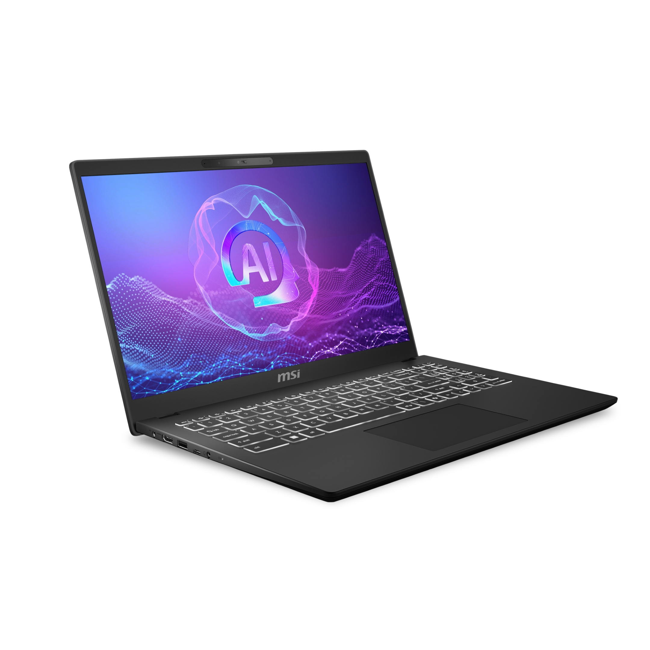 Laptop MSI nero con tastiera illuminata e grafica AI sullo schermo.
