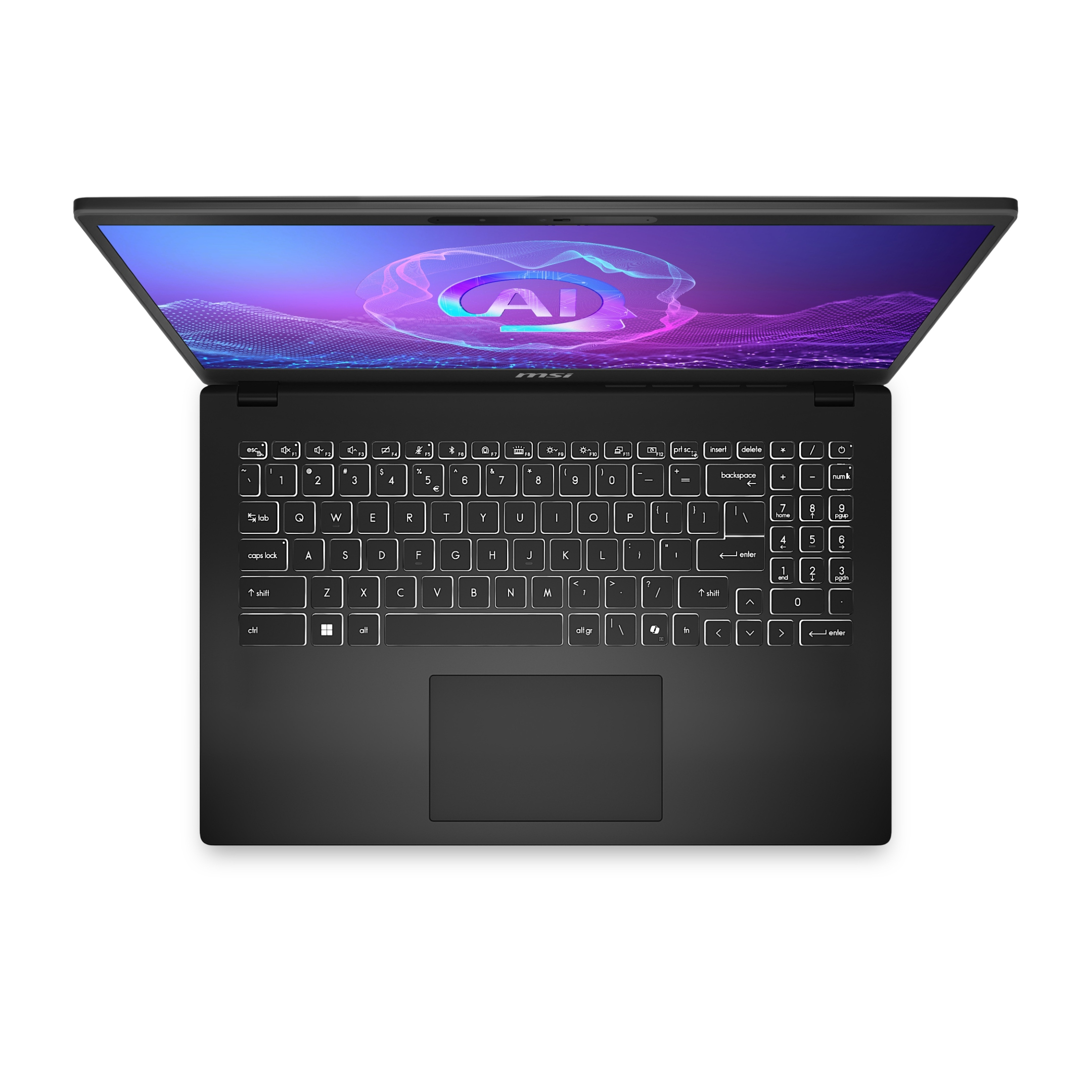 Un laptop nero con tastiera retroilluminata e logo AI sullo schermo.