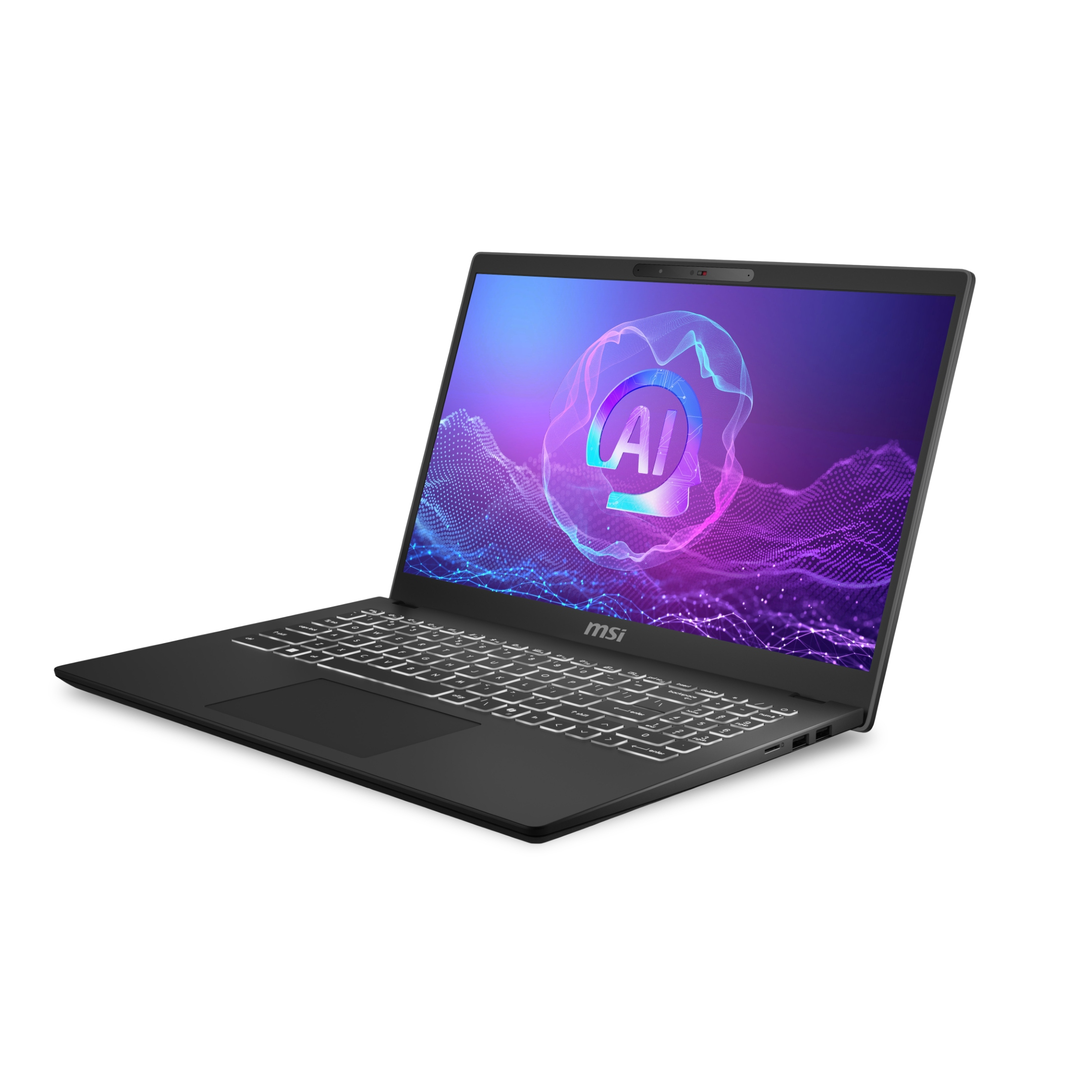 Un laptop MSI nero con tastiera illuminata e grafica AI sullo schermo.