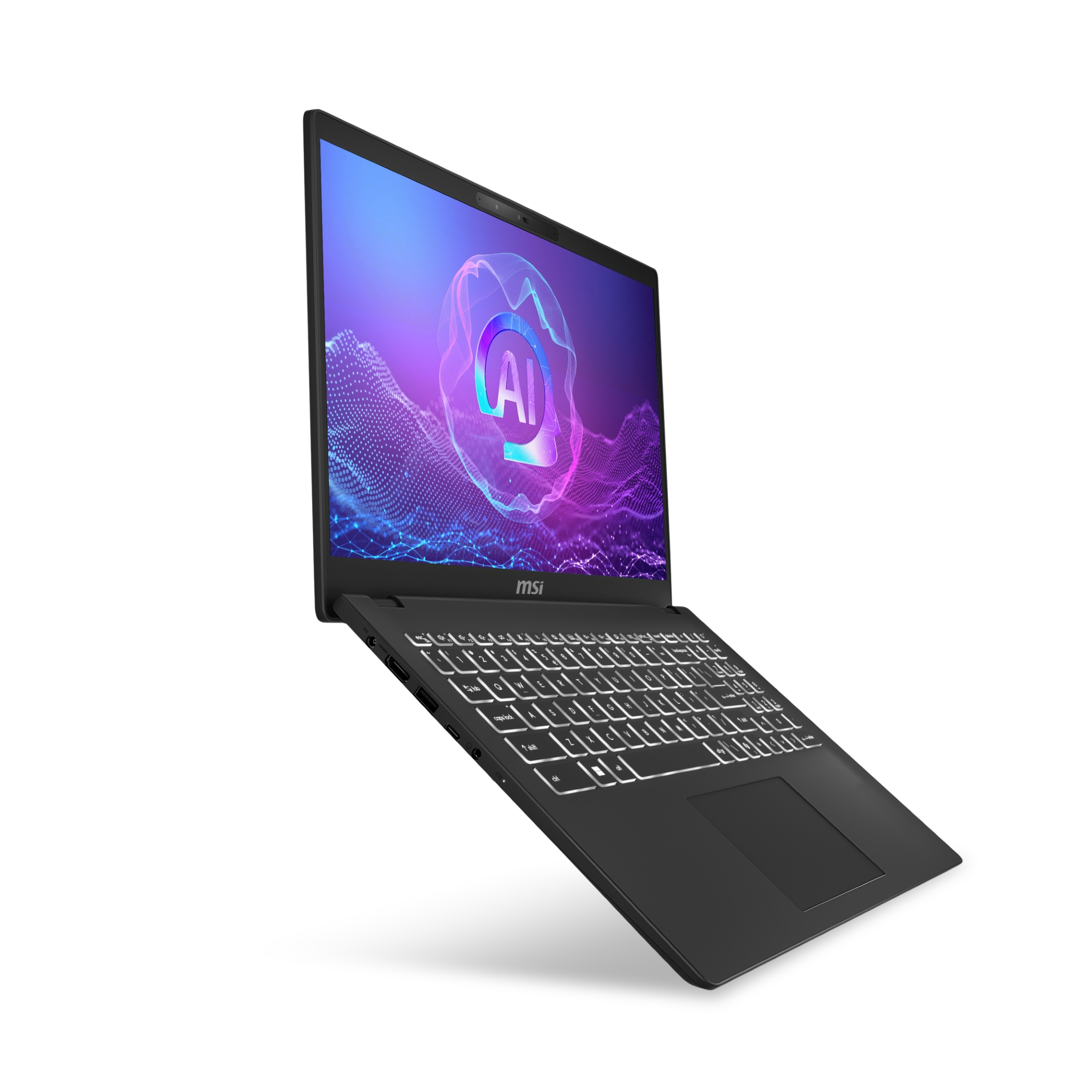 Laptop nero con tastiera retroilluminata, grafica AI sullo schermo.