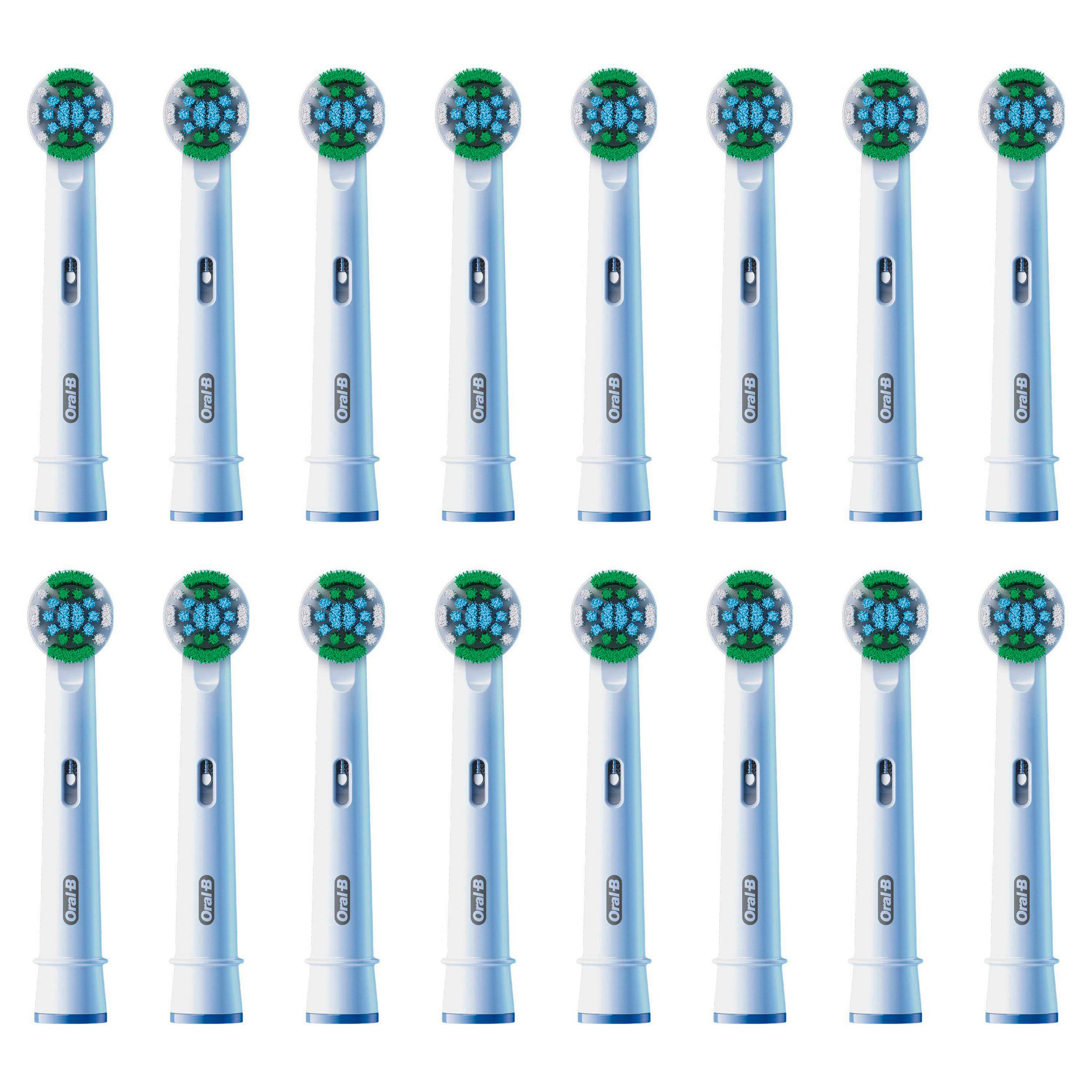 Sedici testine di ricambio per spazzolino bianche con setole blu.