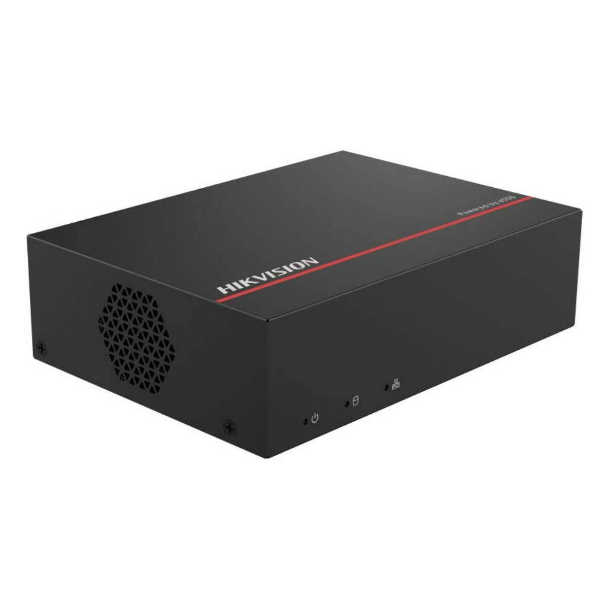 Dispositivo Hikvision nero con striscia rossa e griglia di ventilazione.