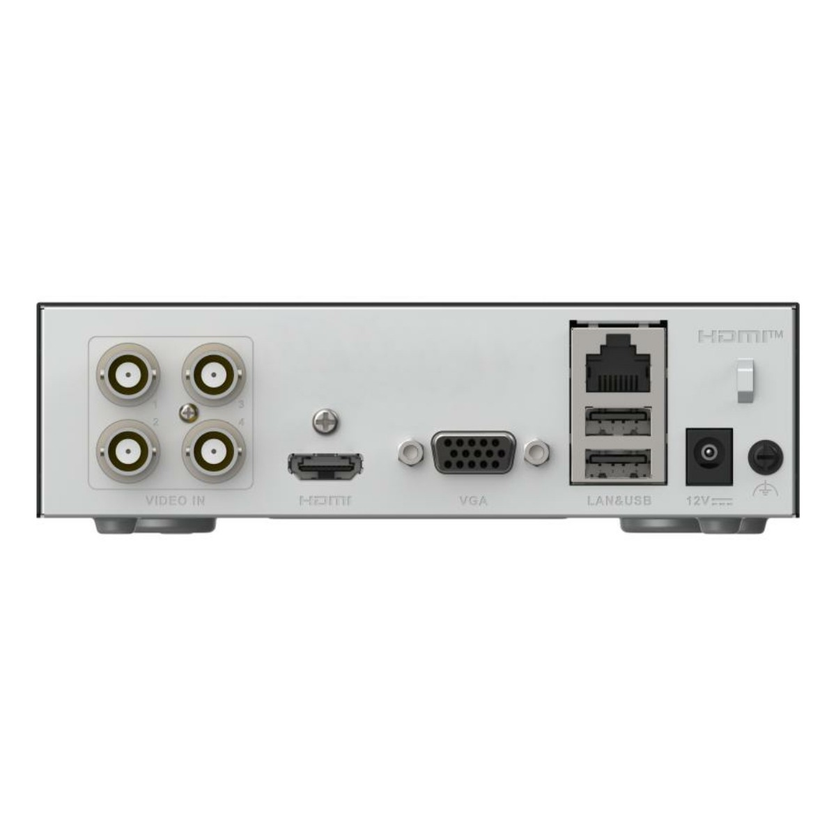 Retro del dispositivo con 4 ingressi video BNC, HDMI, VGA, LAN/USB e porta di alimentazione 12V.