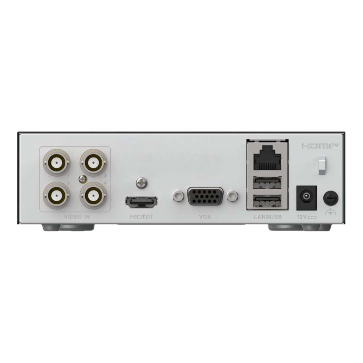 Pannello posteriore di un dispositivo con porte Video In, HDMI, VGA, LAN/USB e 12V.