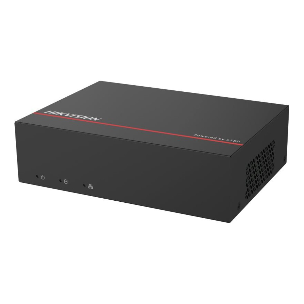 Dispositivo Hikvision nero con striscia rossa e spie luminose.
