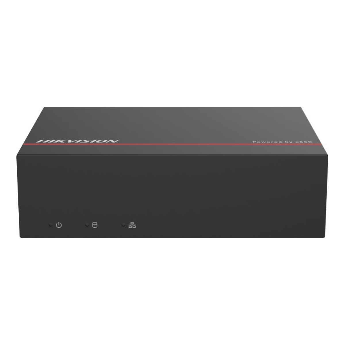 Dispositivo Hikvision nero con striscia rossa e simboli.