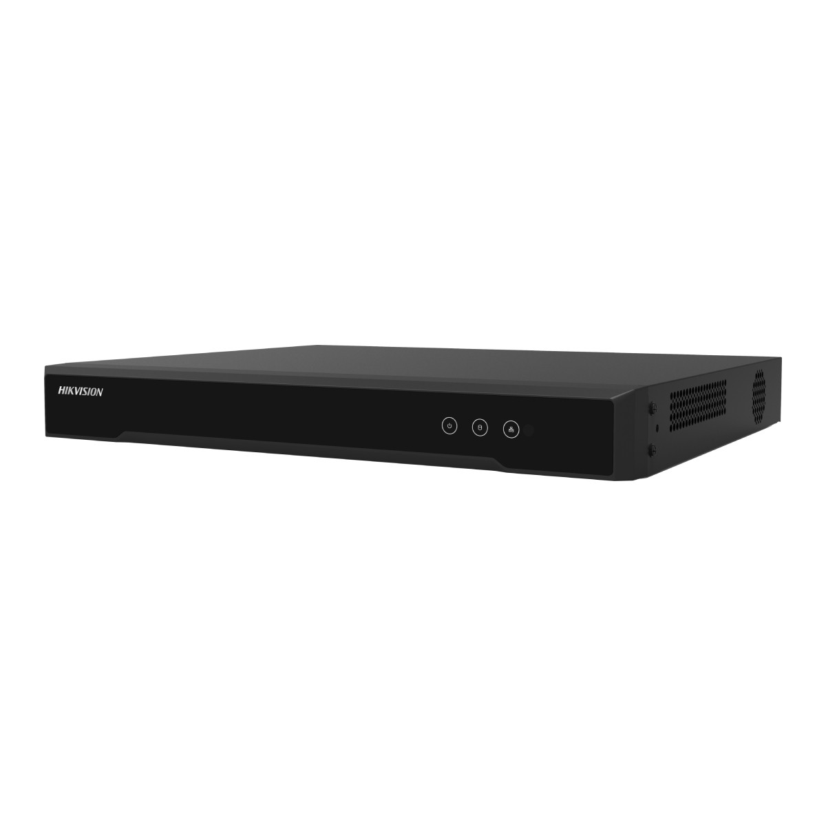 Un elegante dispositivo di registrazione Hikvision nero con pulsanti di controllo sul pannello anteriore.