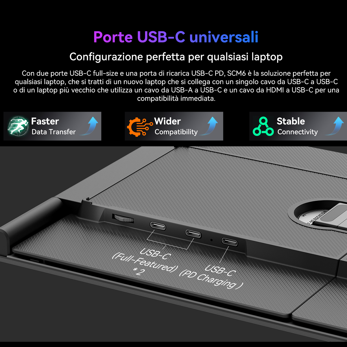 Tre porte USB-C su una docking station per laptop: trasferimento dati più veloce, maggiore compatibilità, connettività stabile.