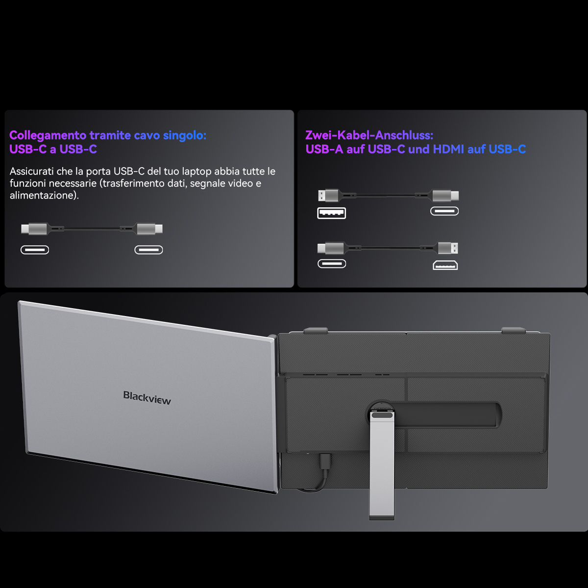 Due laptop con cavi e un monitor. Un laptop ha una connessione USB-C a USB-C.