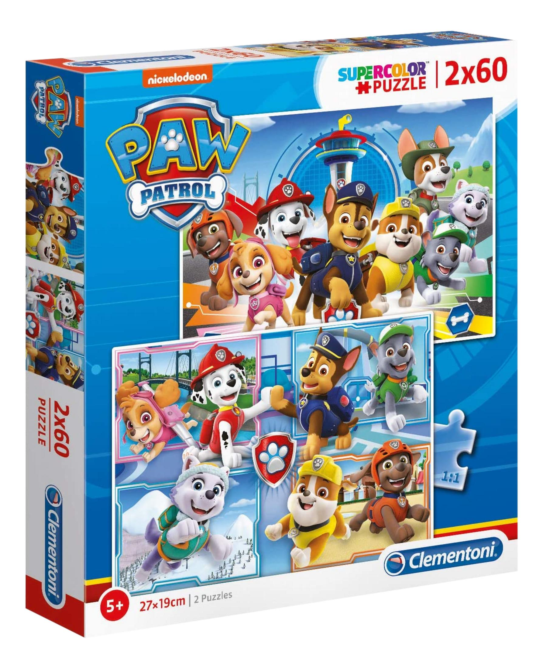 Emballage de puzzle Paw Patrol avec plusieurs personnages de chiens et logo Clementoni.