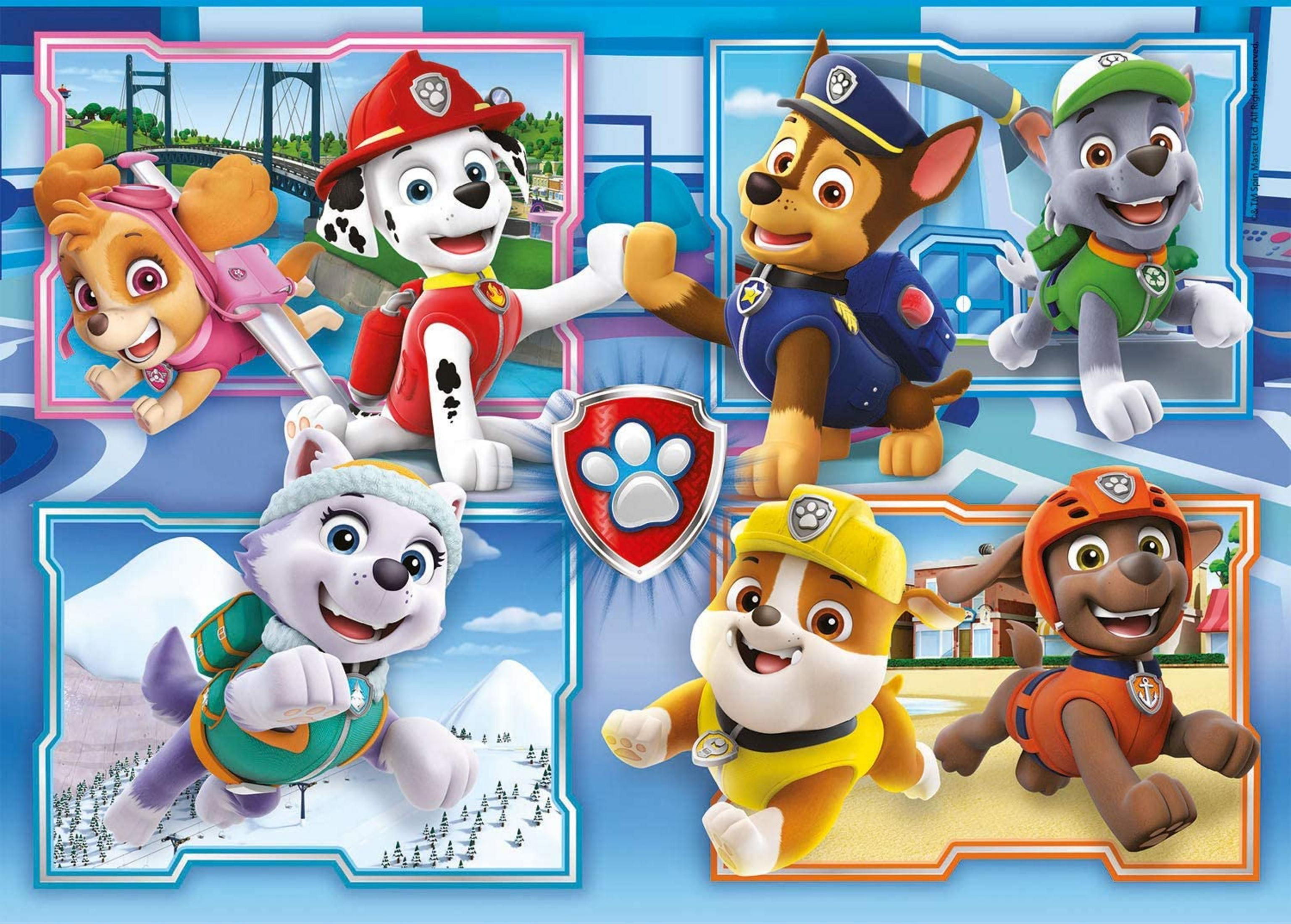 Six chiots de la Pat'Patrouille en action, chacun dans son environnement.